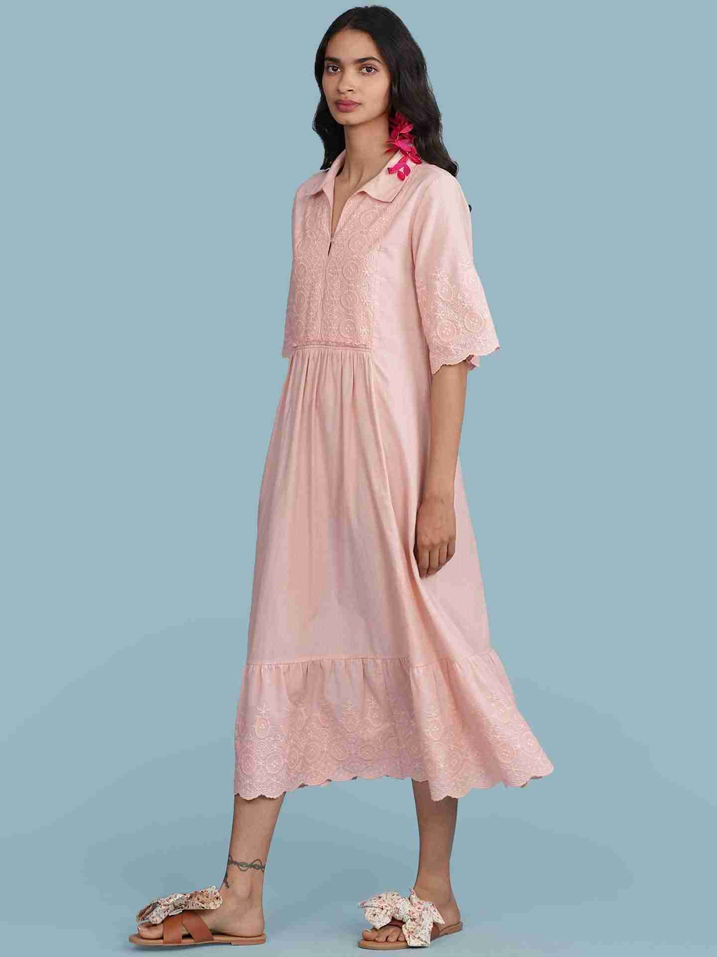 Pink Schiffli Solid Long Dress