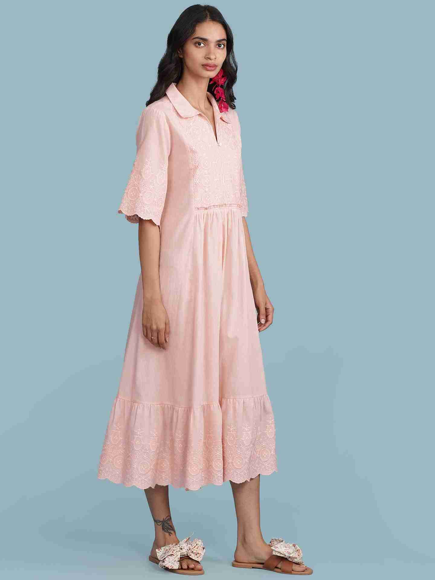 Pink Schiffli Solid Long Dress