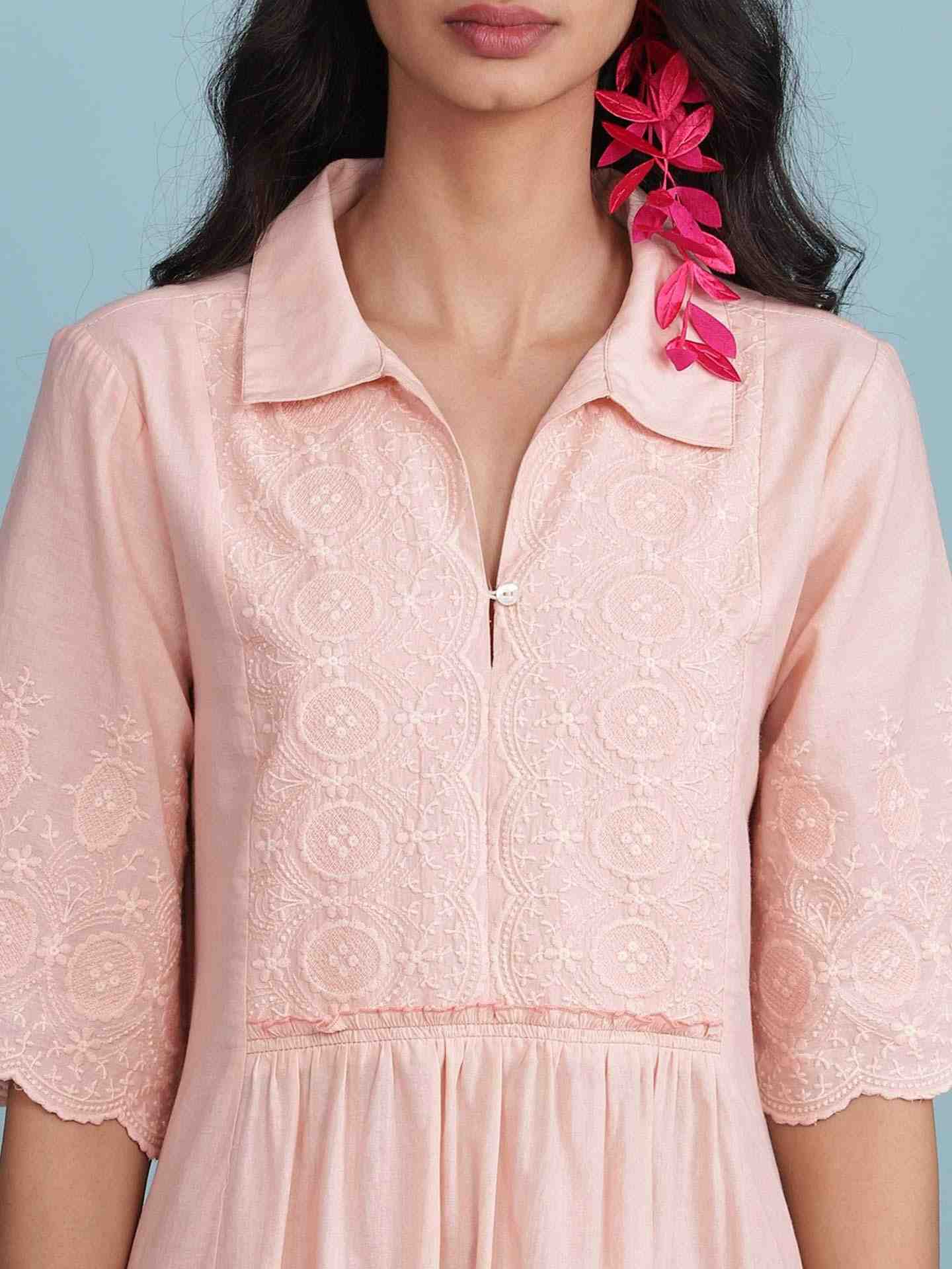 Pink Schiffli Solid Long Dress