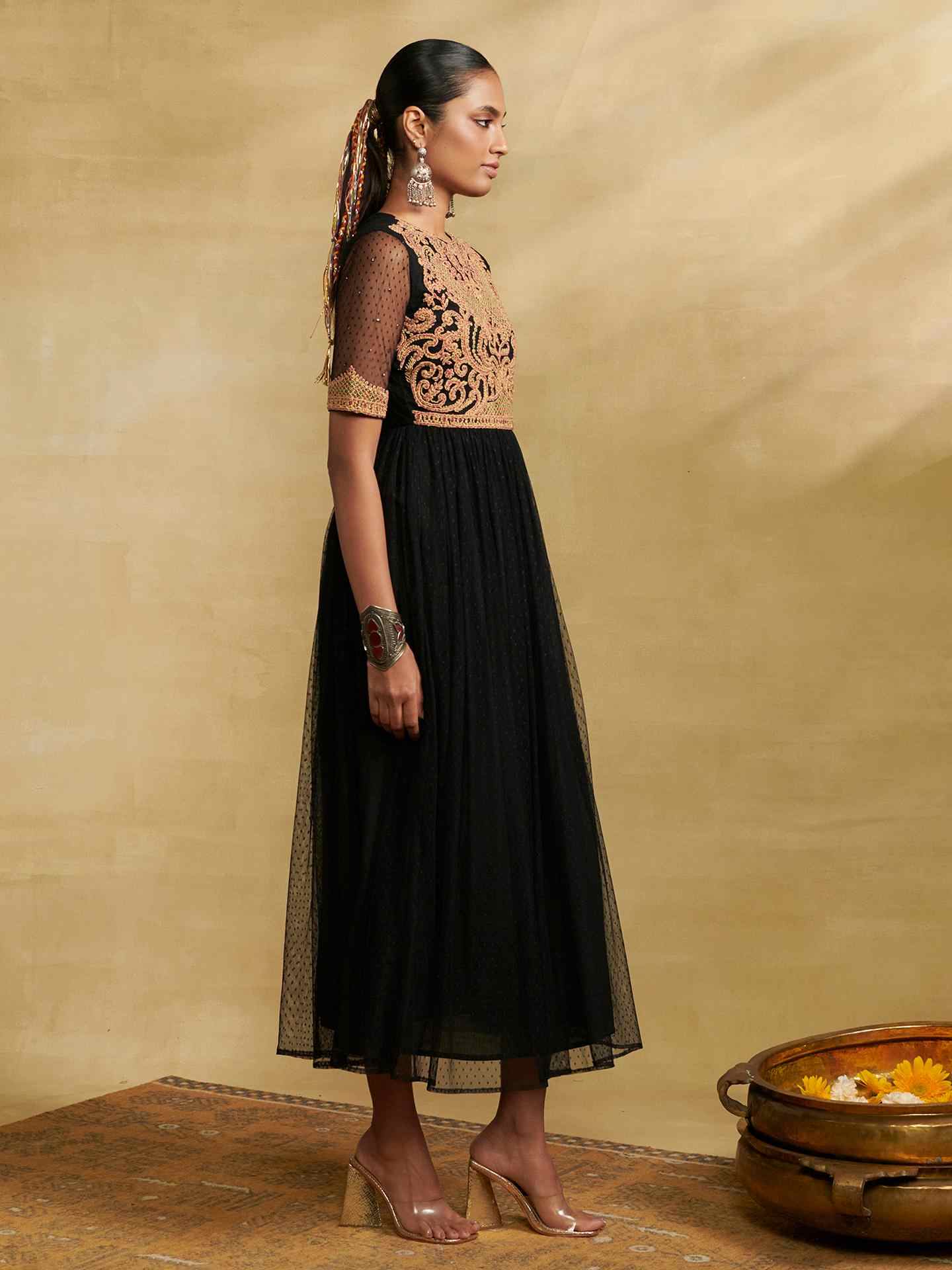 Black Moonflower Solid Long Dress
