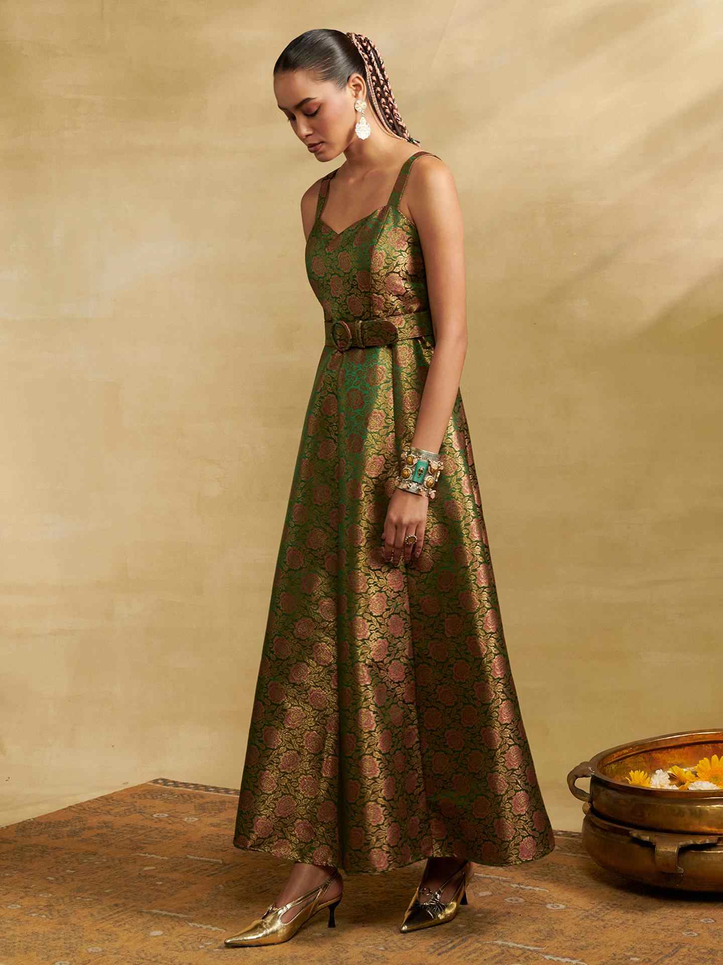 Olive Green Tarang Festive Brocade Long Dress