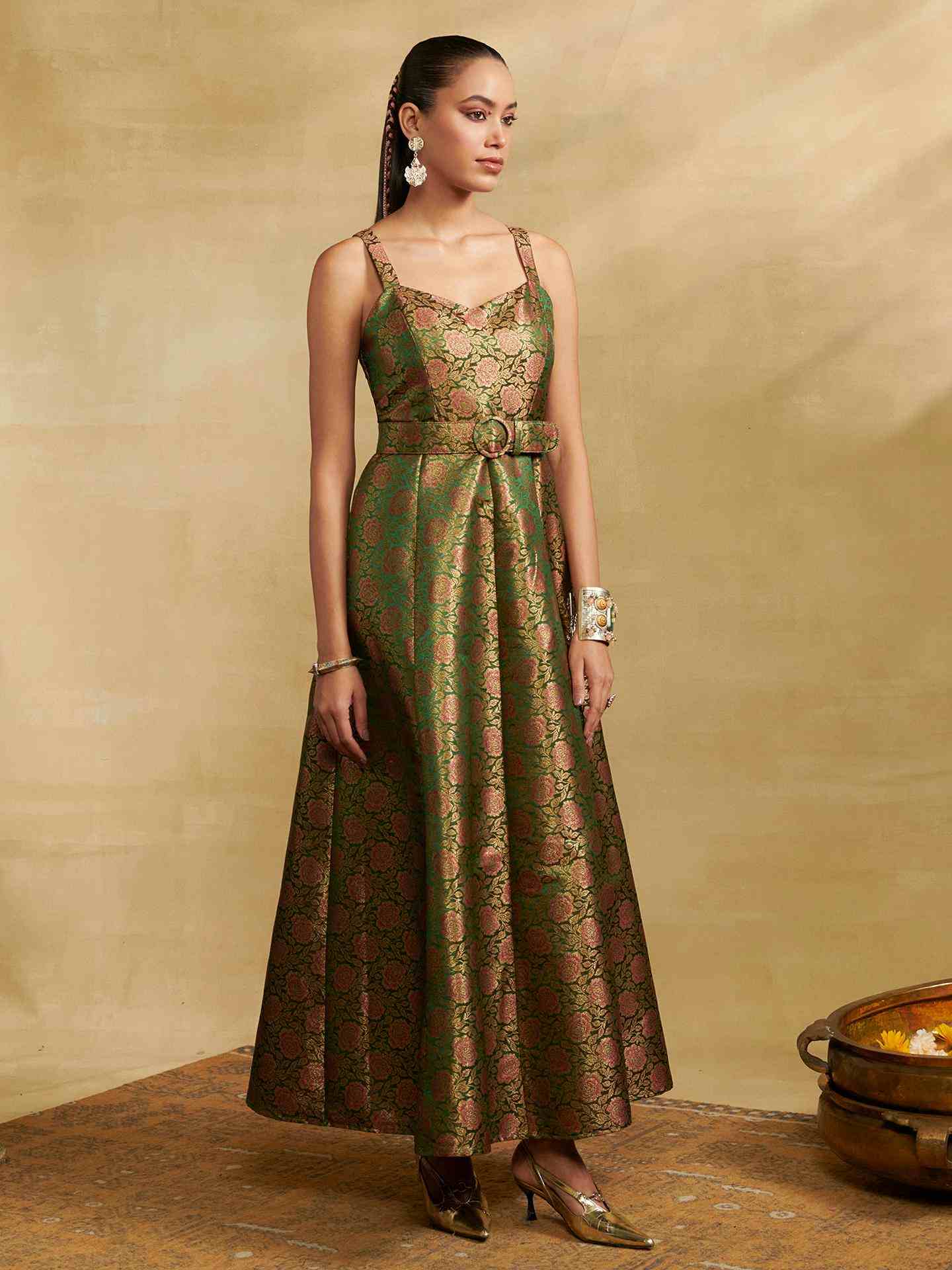Olive Green Tarang Festive Brocade Long Dress