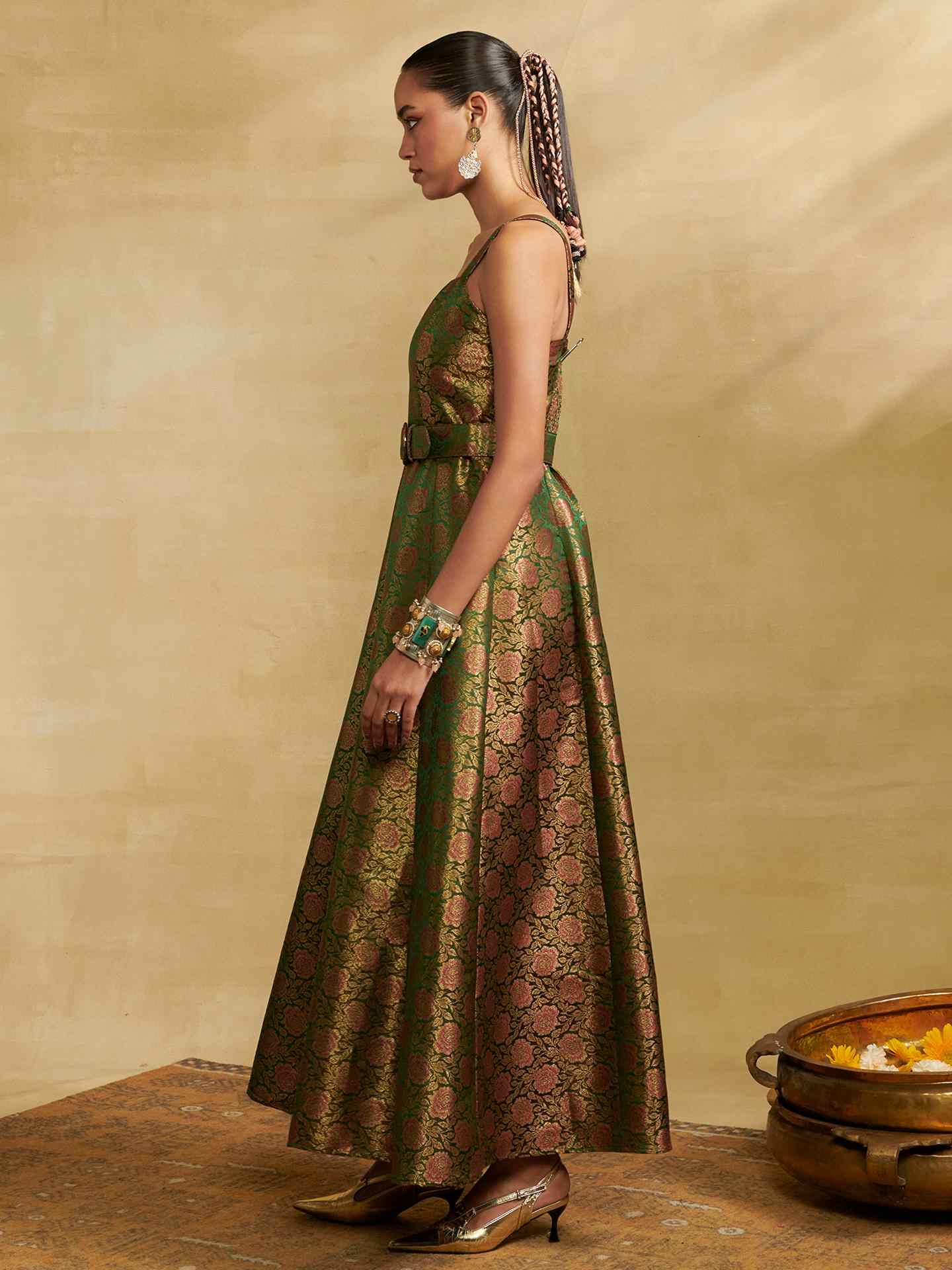 Olive Green Tarang Festive Brocade Long Dress