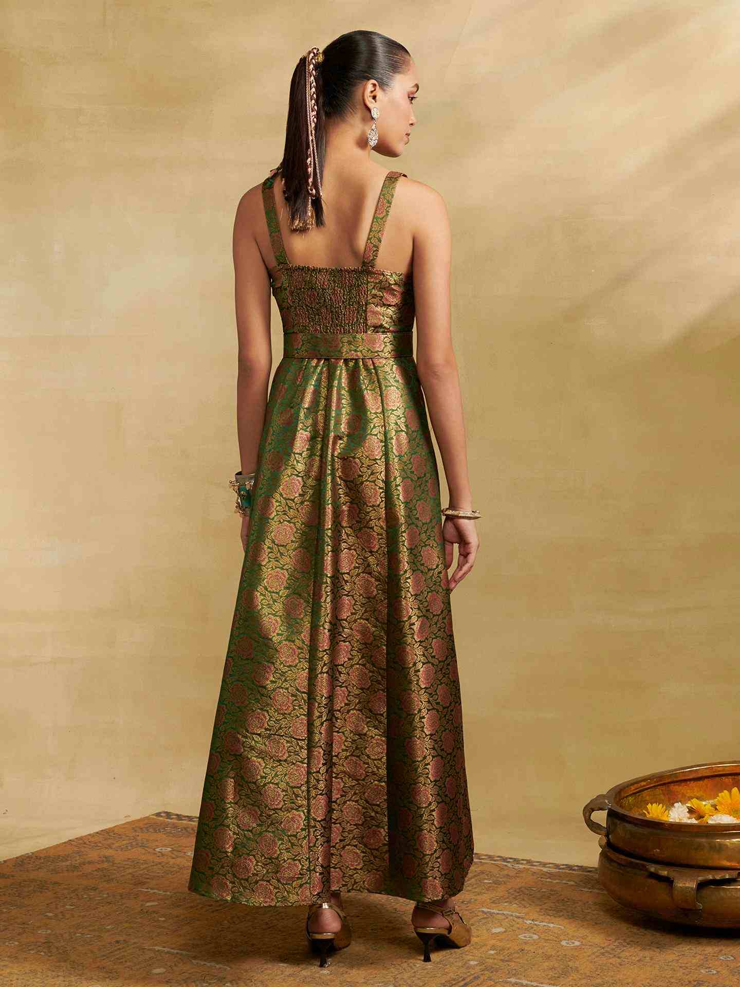 Olive Green Tarang Festive Brocade Long Dress