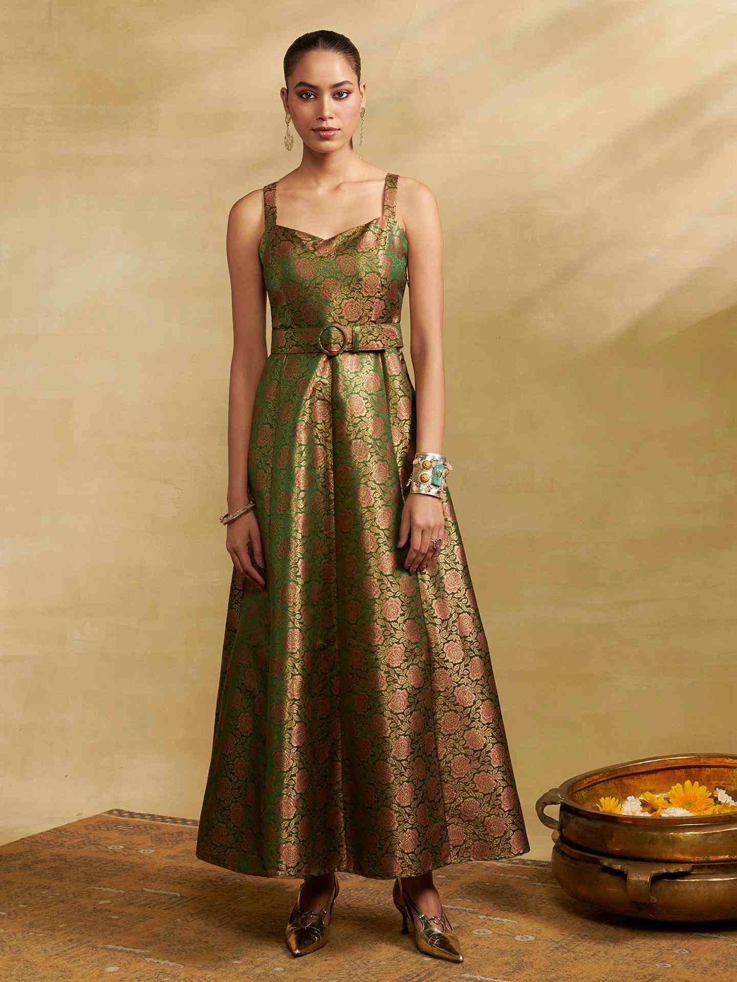 Olive Green Tarang Festive Brocade Long Dress