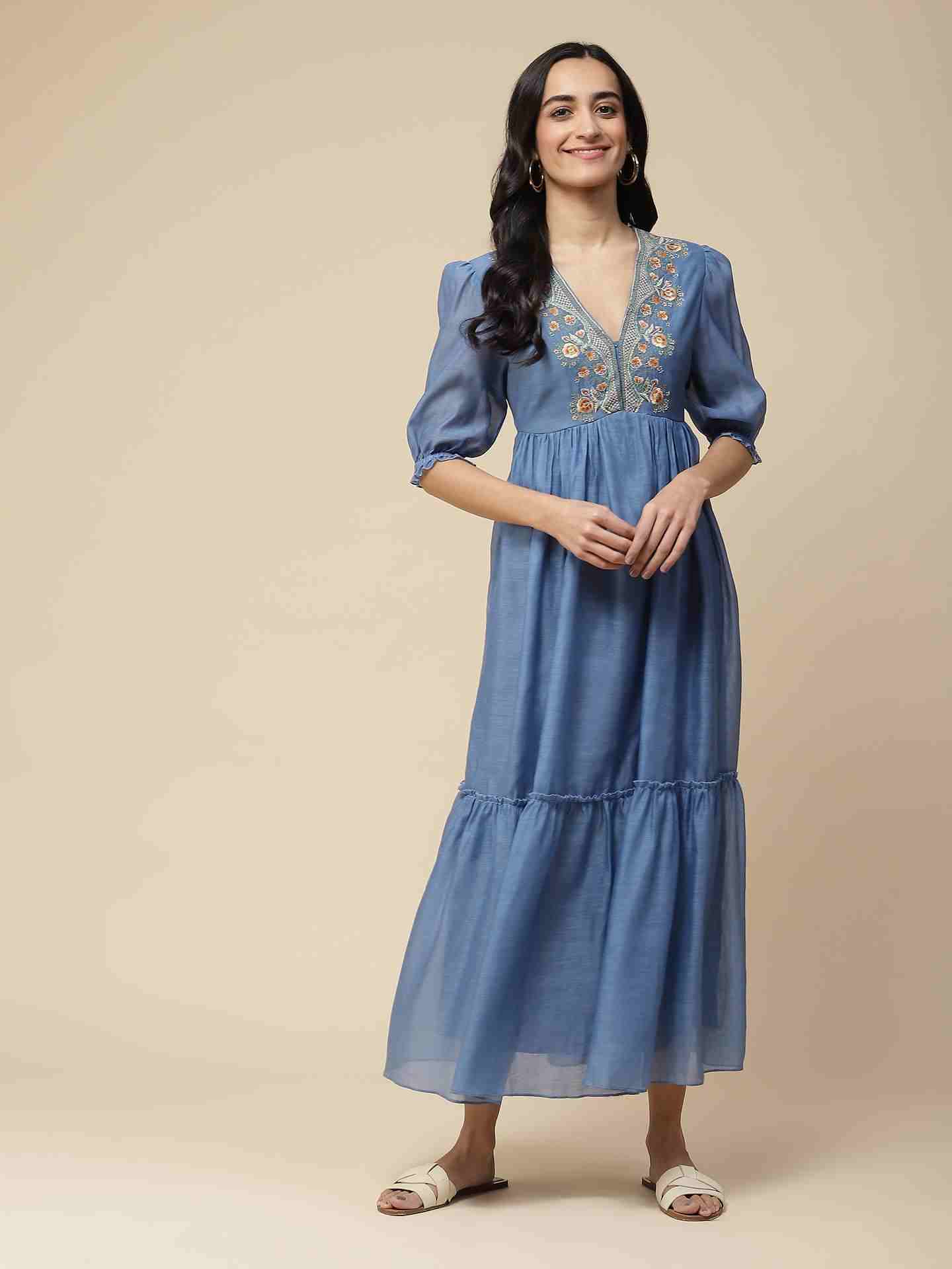 Sea Blue Nalini Solid  Long Dress