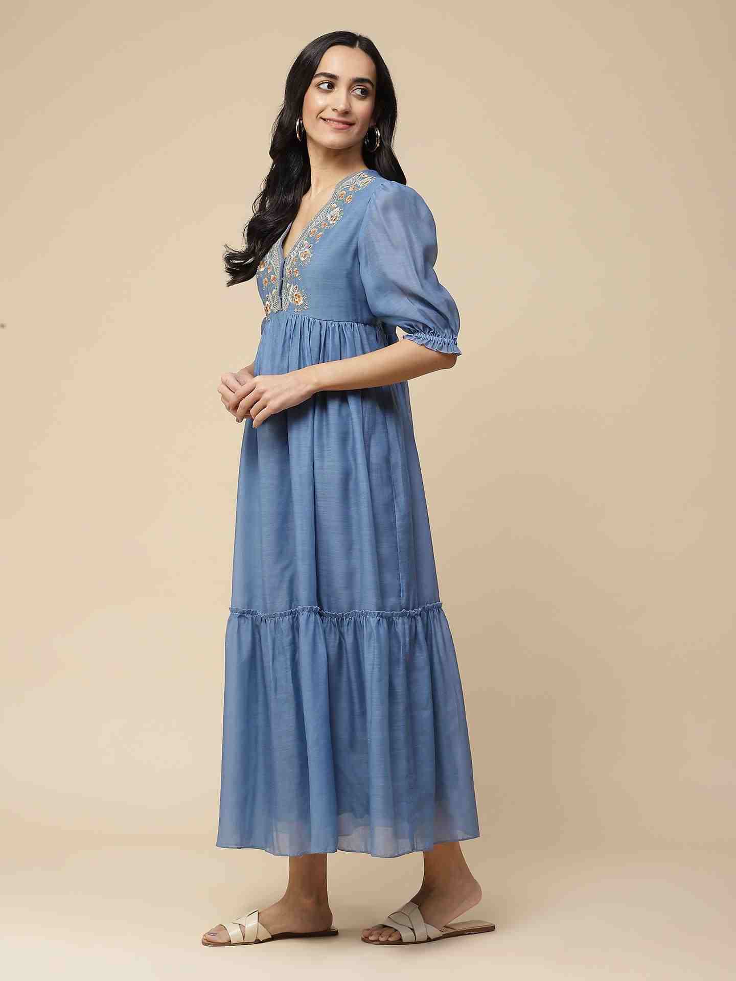 Sea Blue Nalini Solid  Long Dress