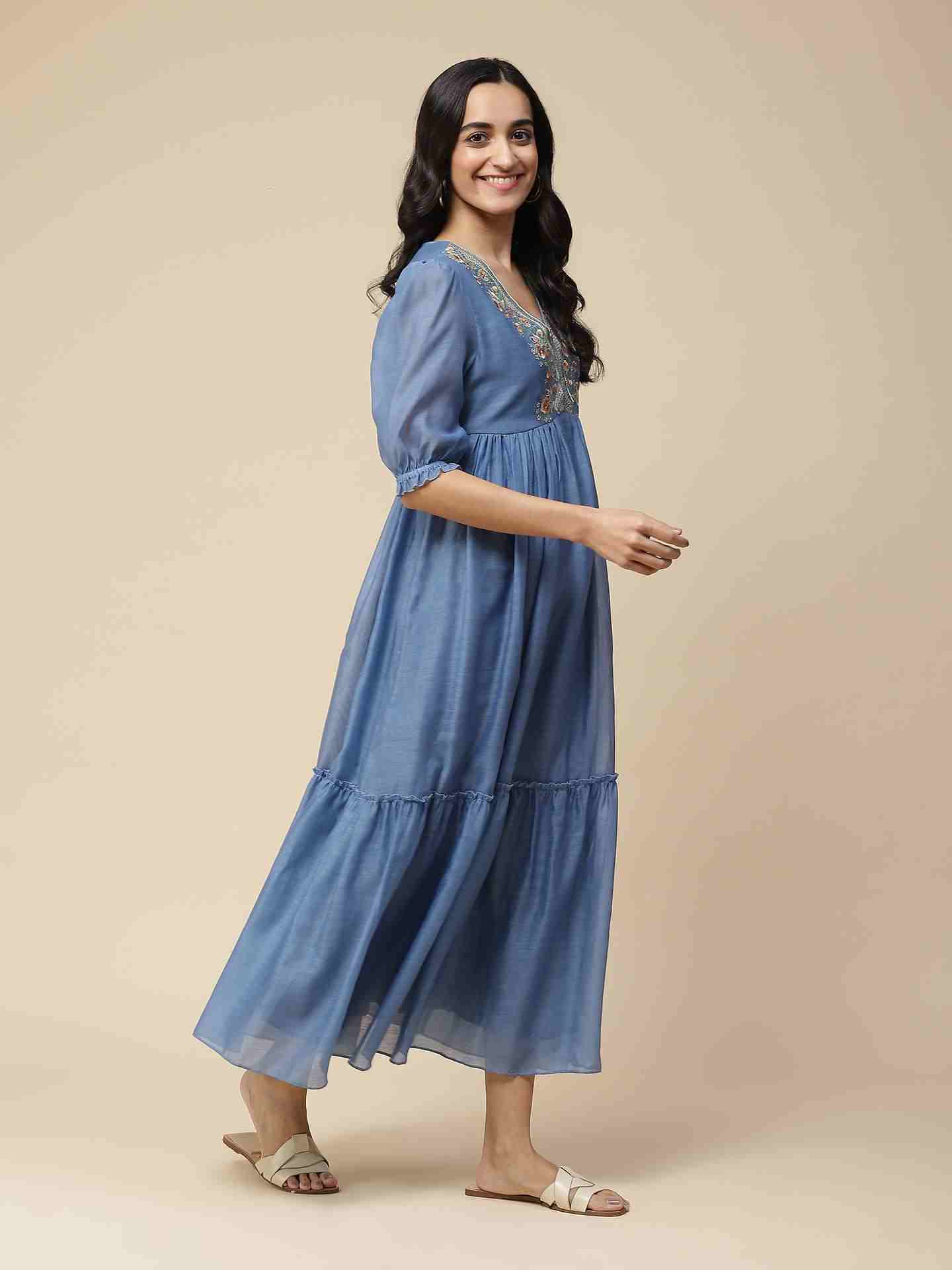 Sea Blue Nalini Solid  Long Dress