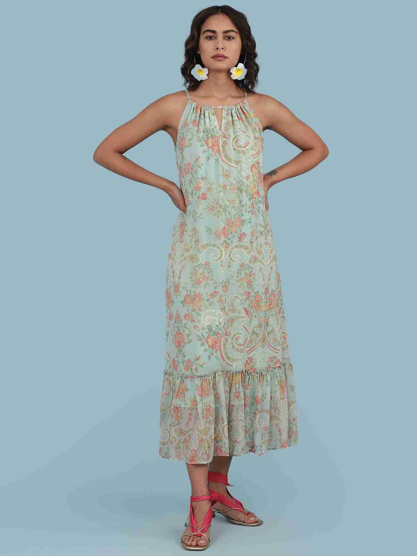 Green Pallavi Halter Long Dress
