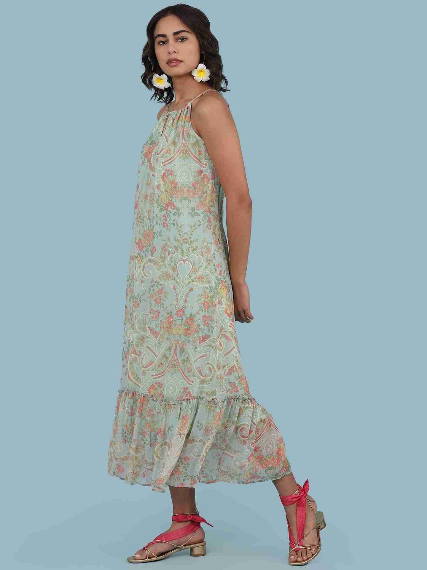 Green Pallavi Halter Long Dress