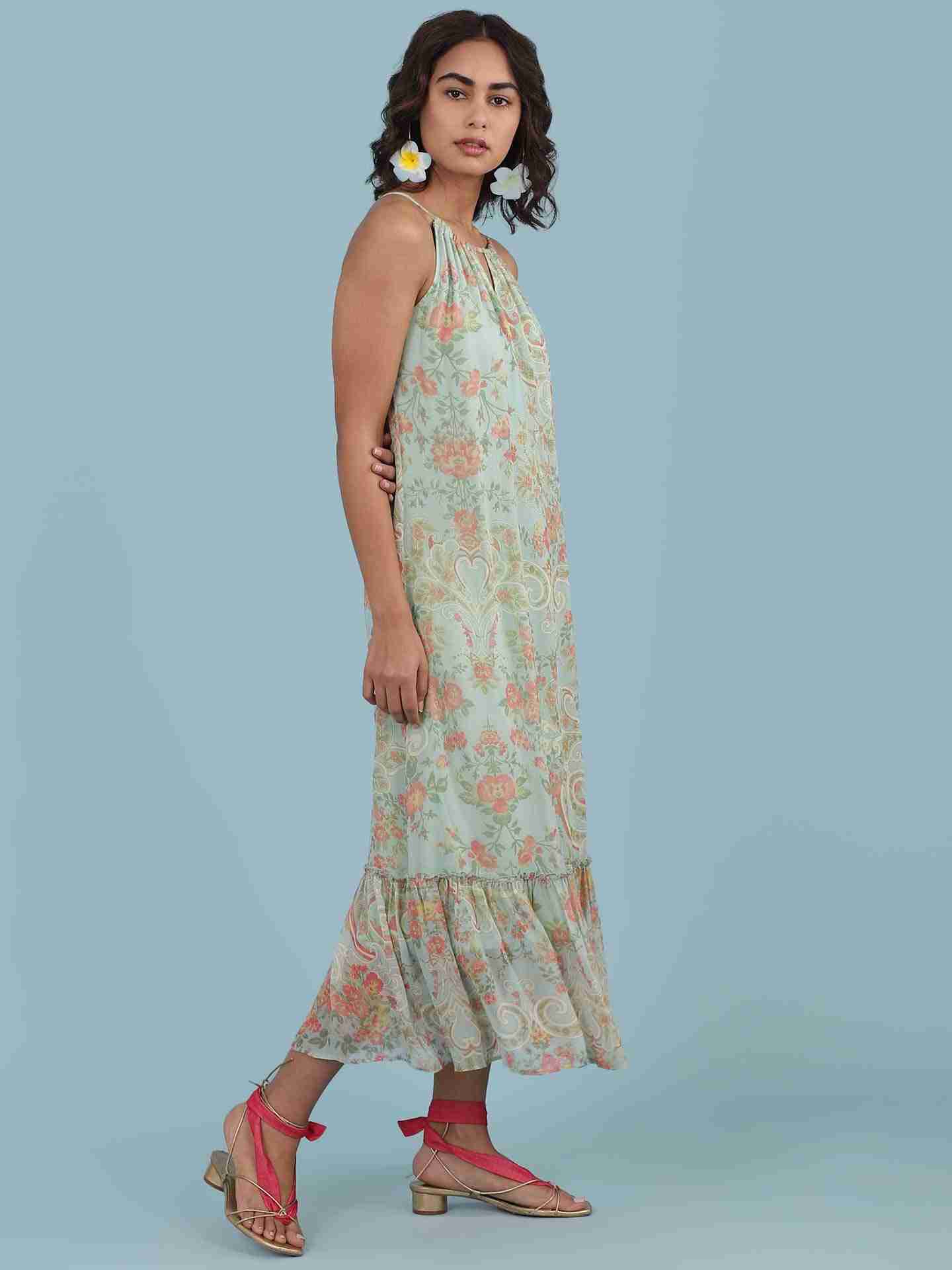Green Pallavi Halter Long Dress