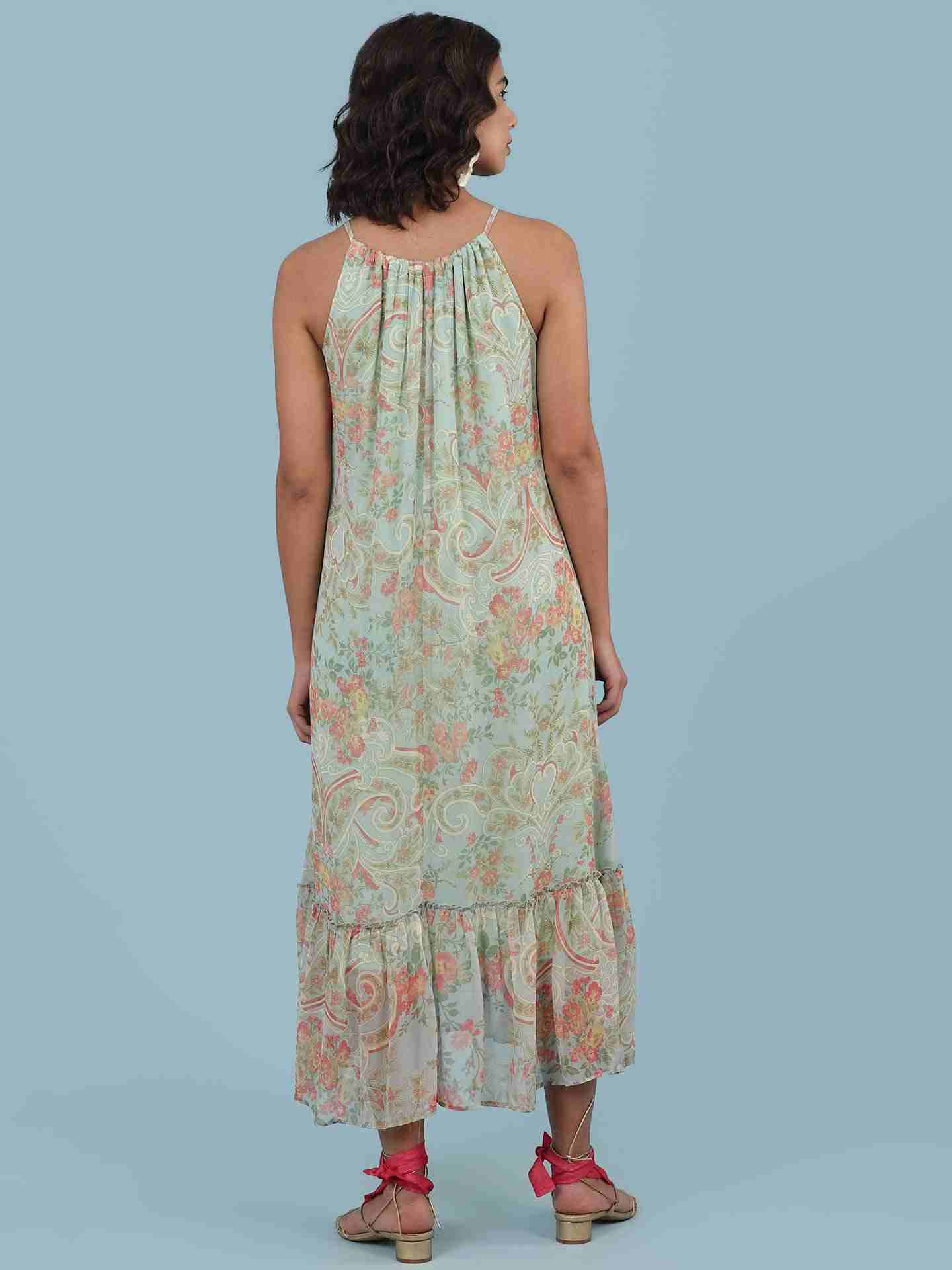Green Pallavi Halter Long Dress