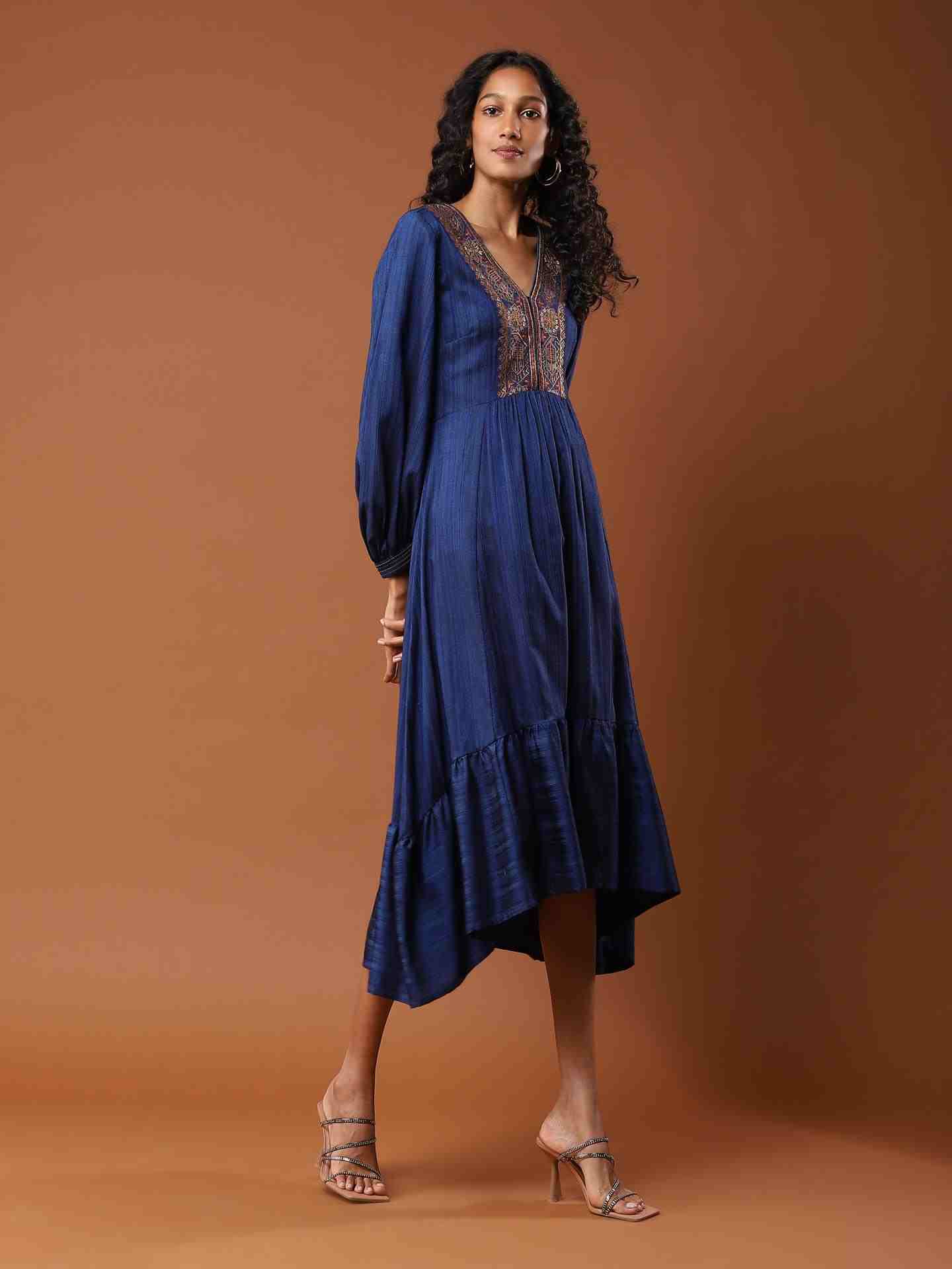 Blue Ludo Silk Long Dress