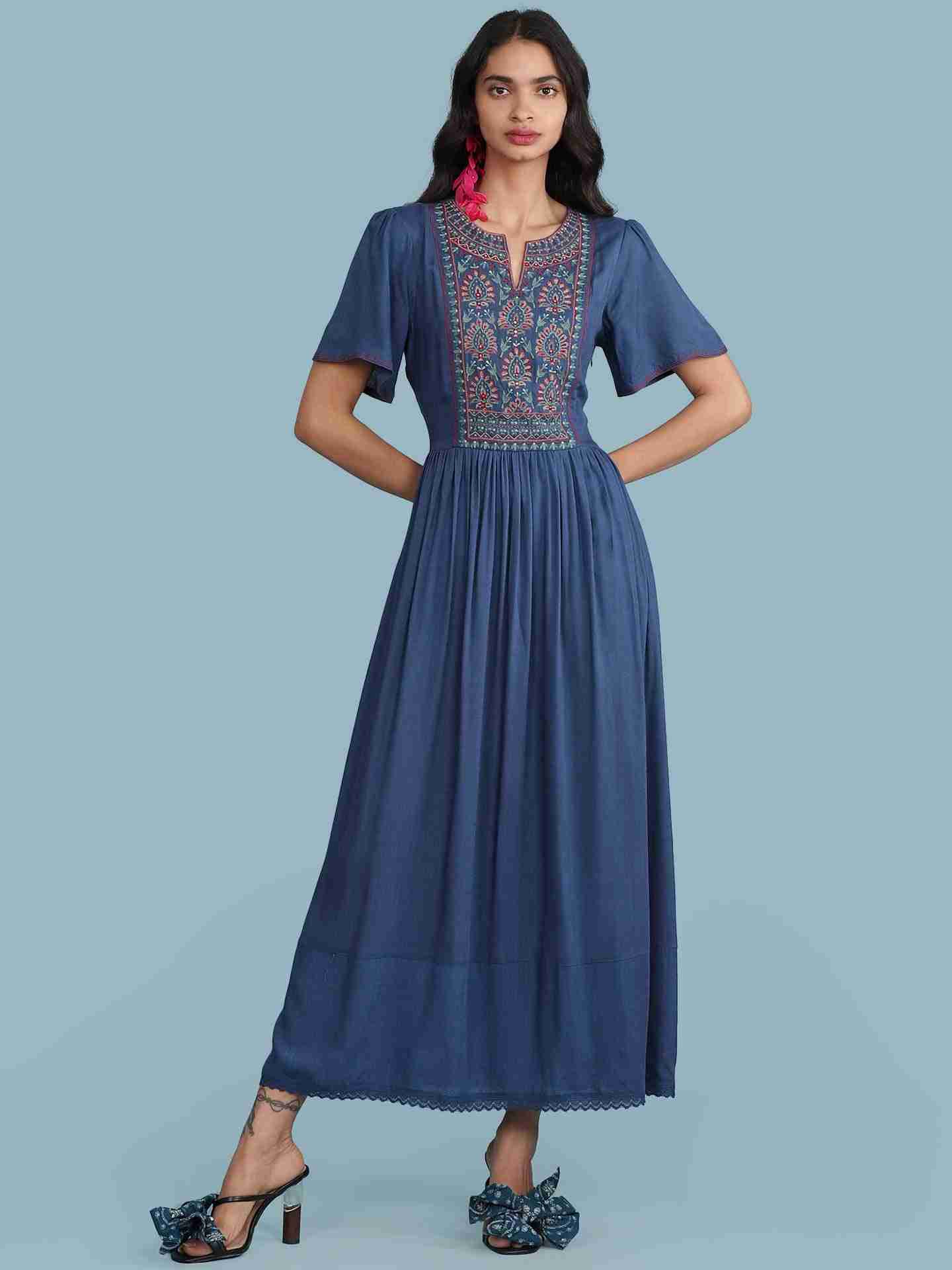 Blue Elena Solid Long Dress