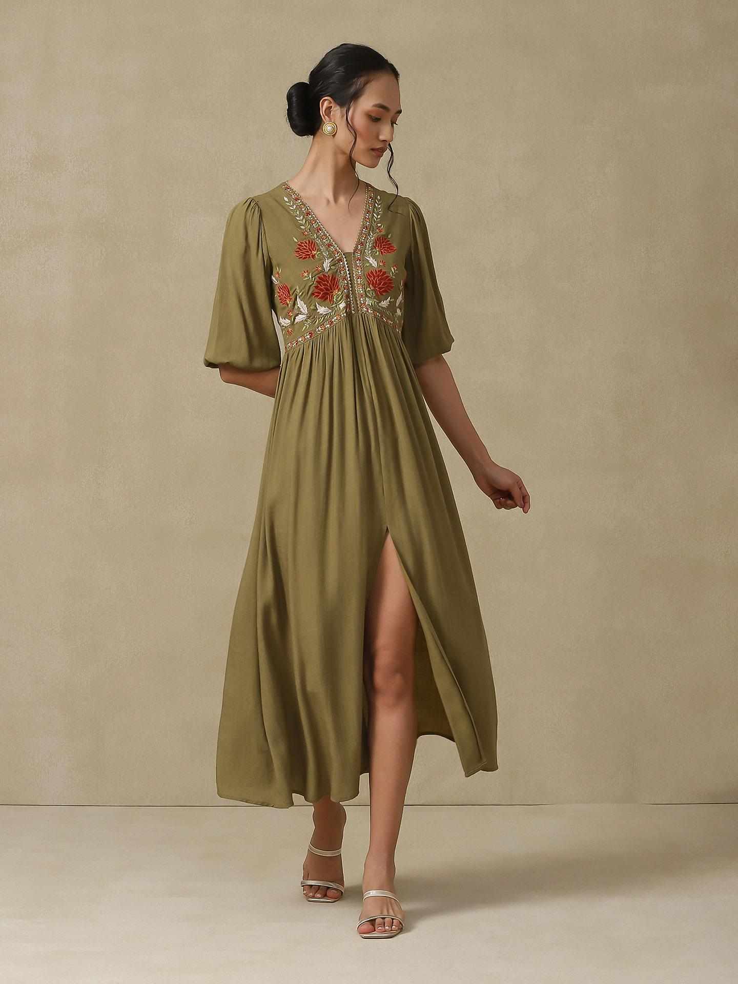 Olive Green Afnan Festive Long Dress