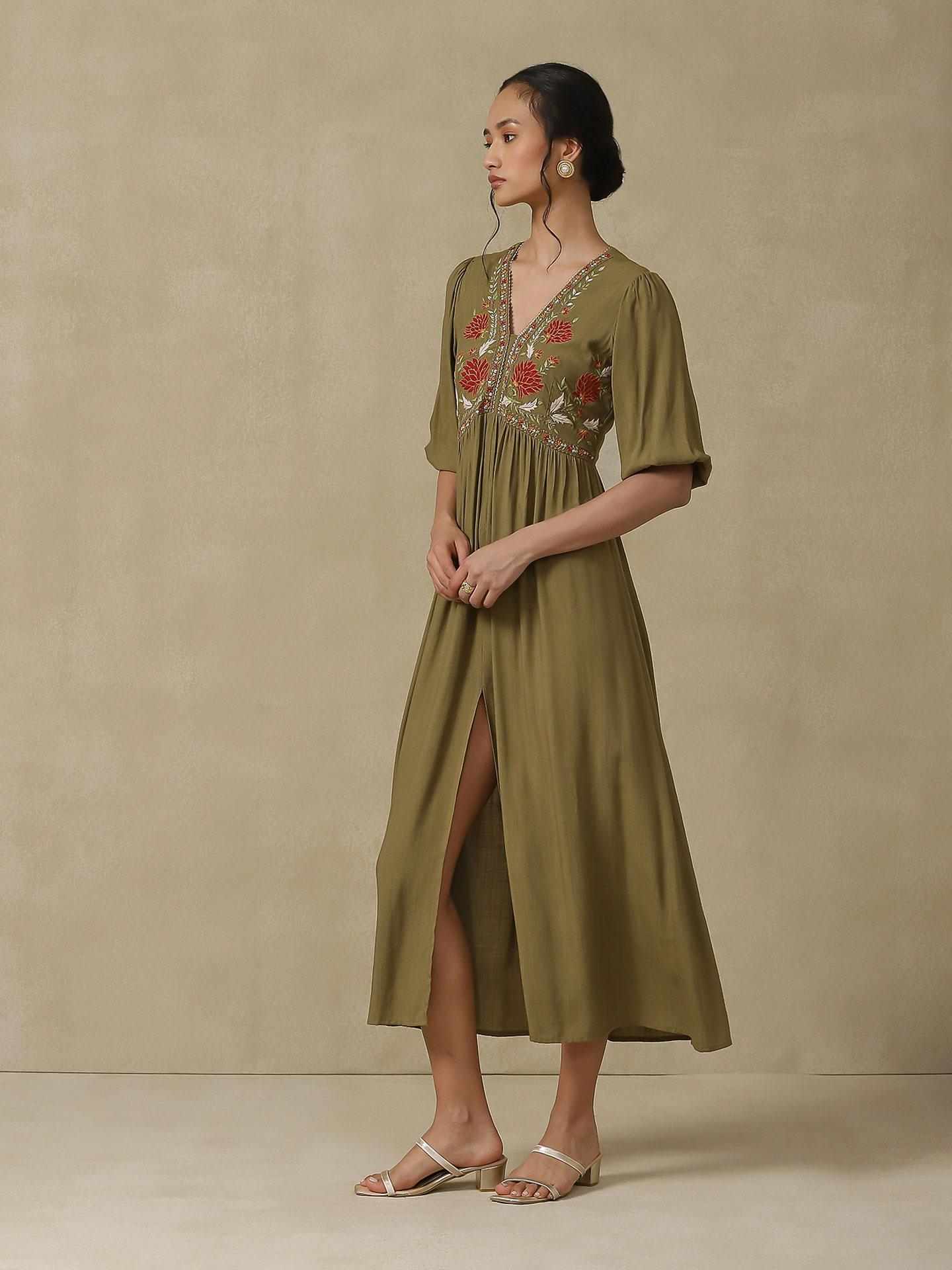Olive Green Afnan Festive Long Dress