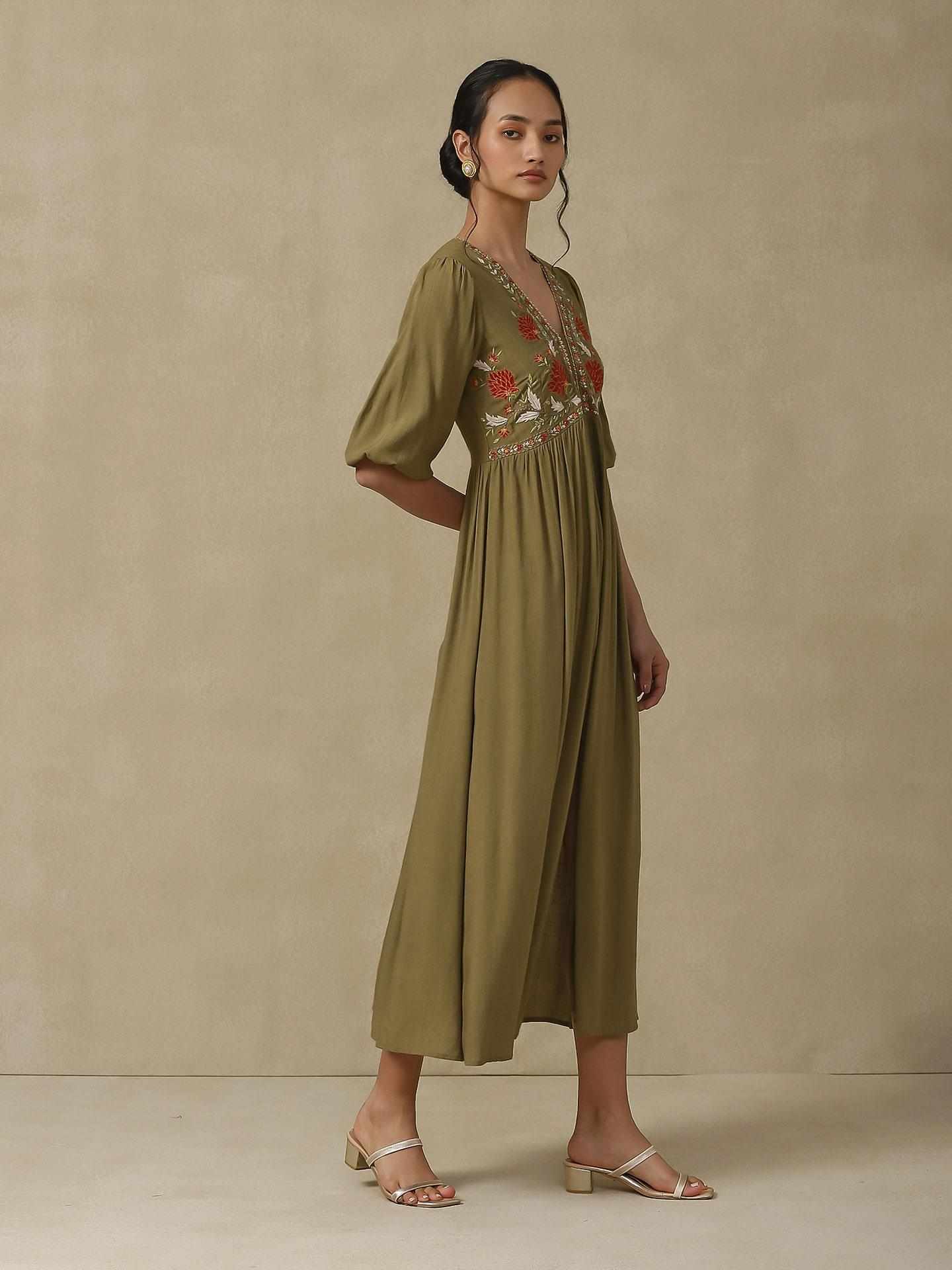 Olive Green Afnan Festive Long Dress