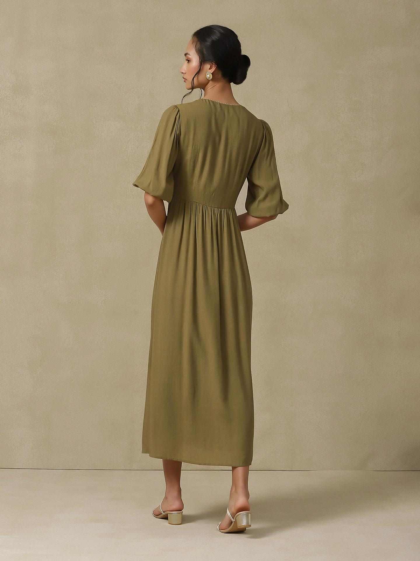 Olive Green Afnan Festive Long Dress