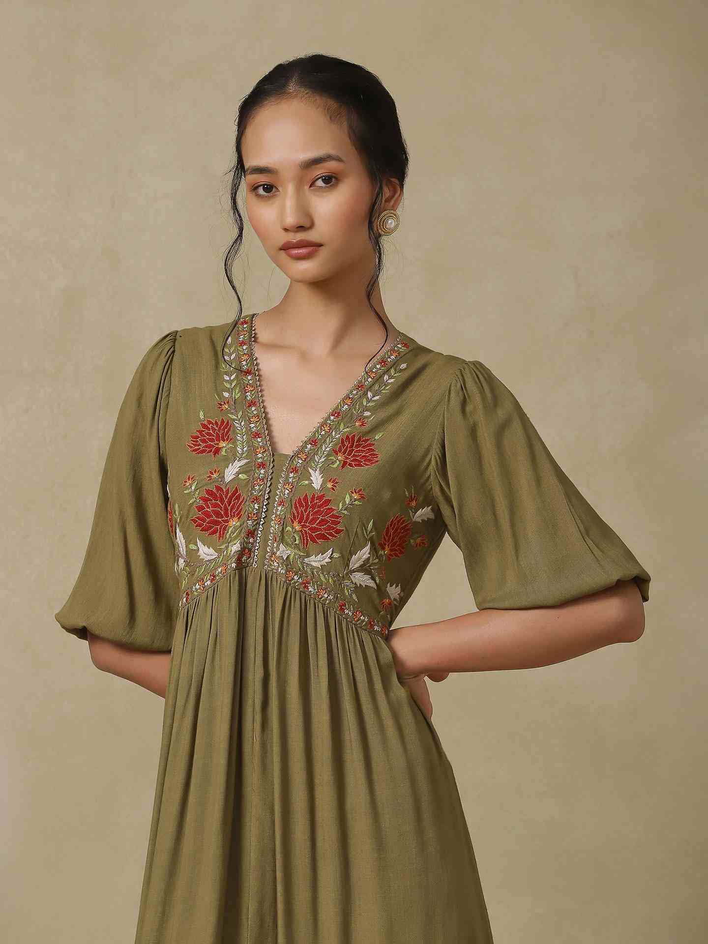 Olive Green Afnan Festive Long Dress
