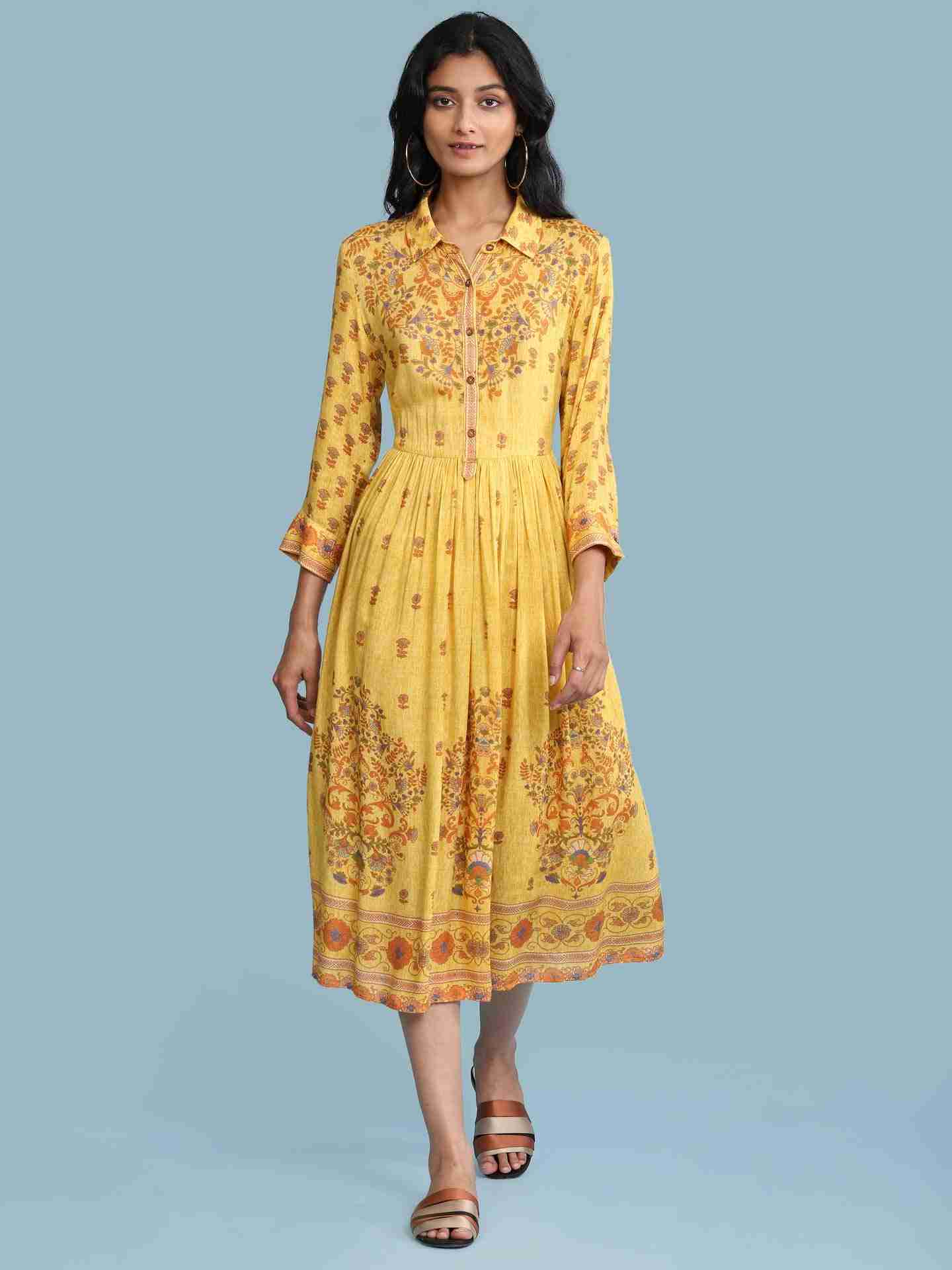 Yellow Kalki Print Long Dress