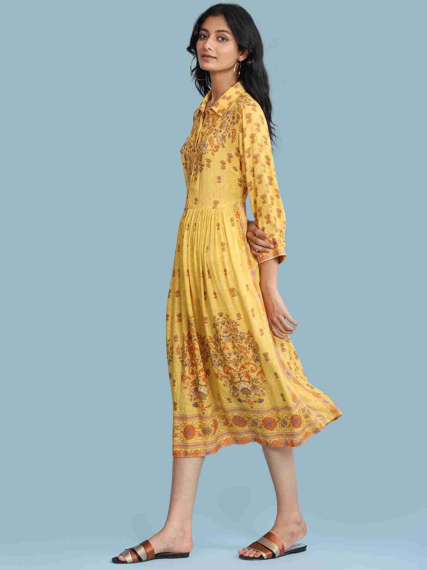 Yellow Kalki Print Long Dress