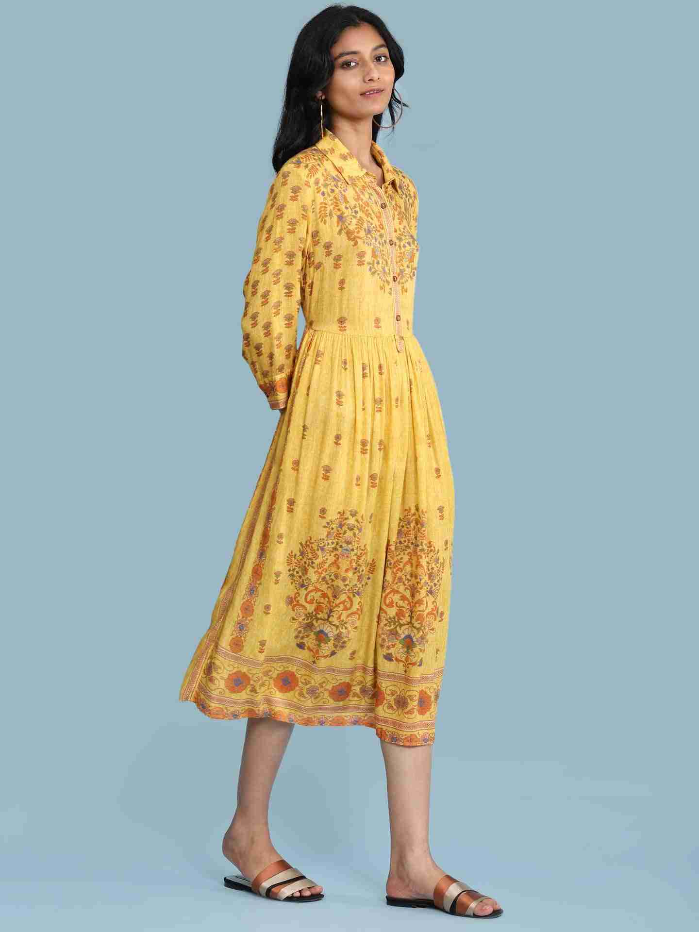Yellow Kalki Print Long Dress