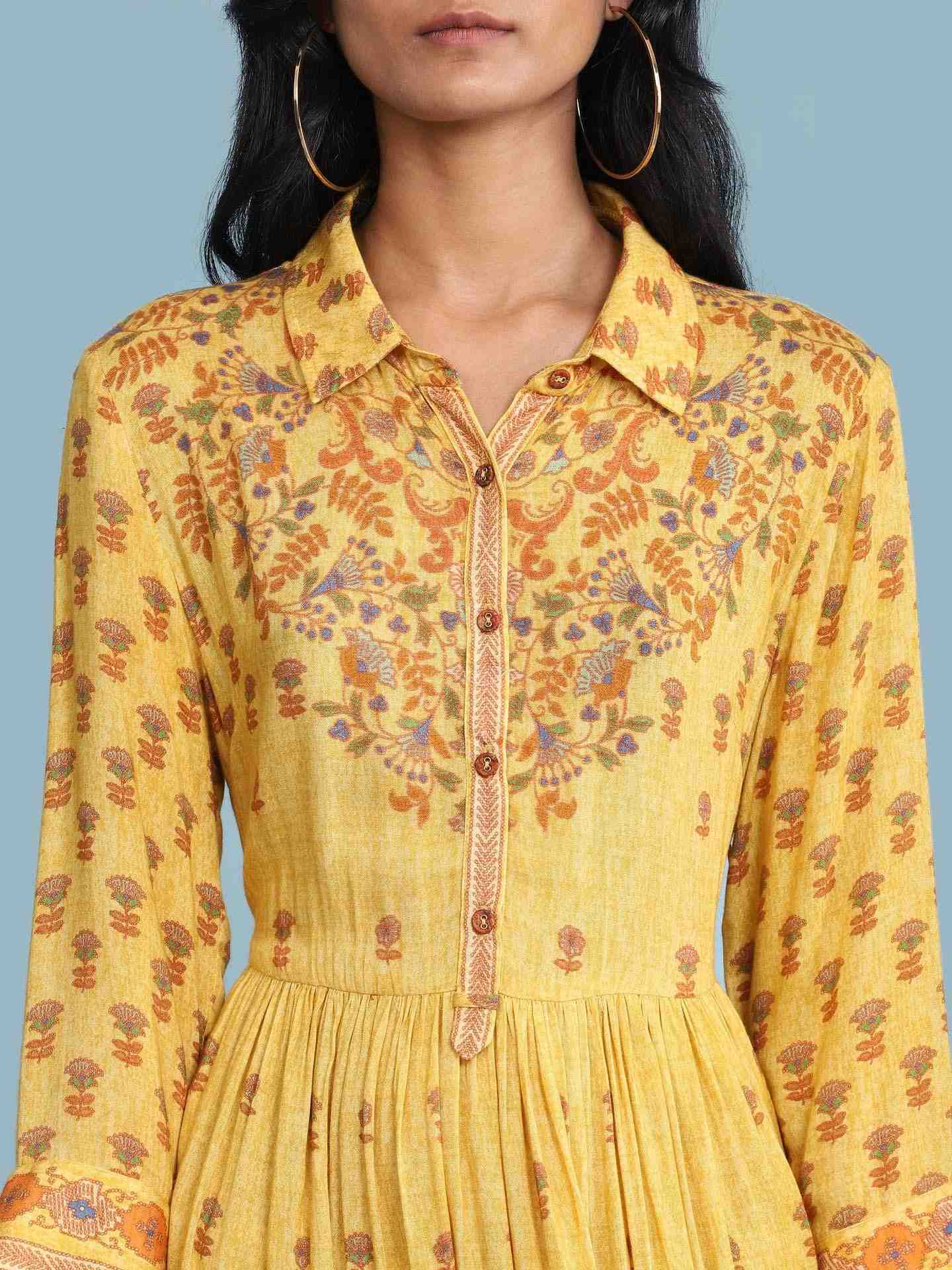 Yellow Kalki Print Long Dress