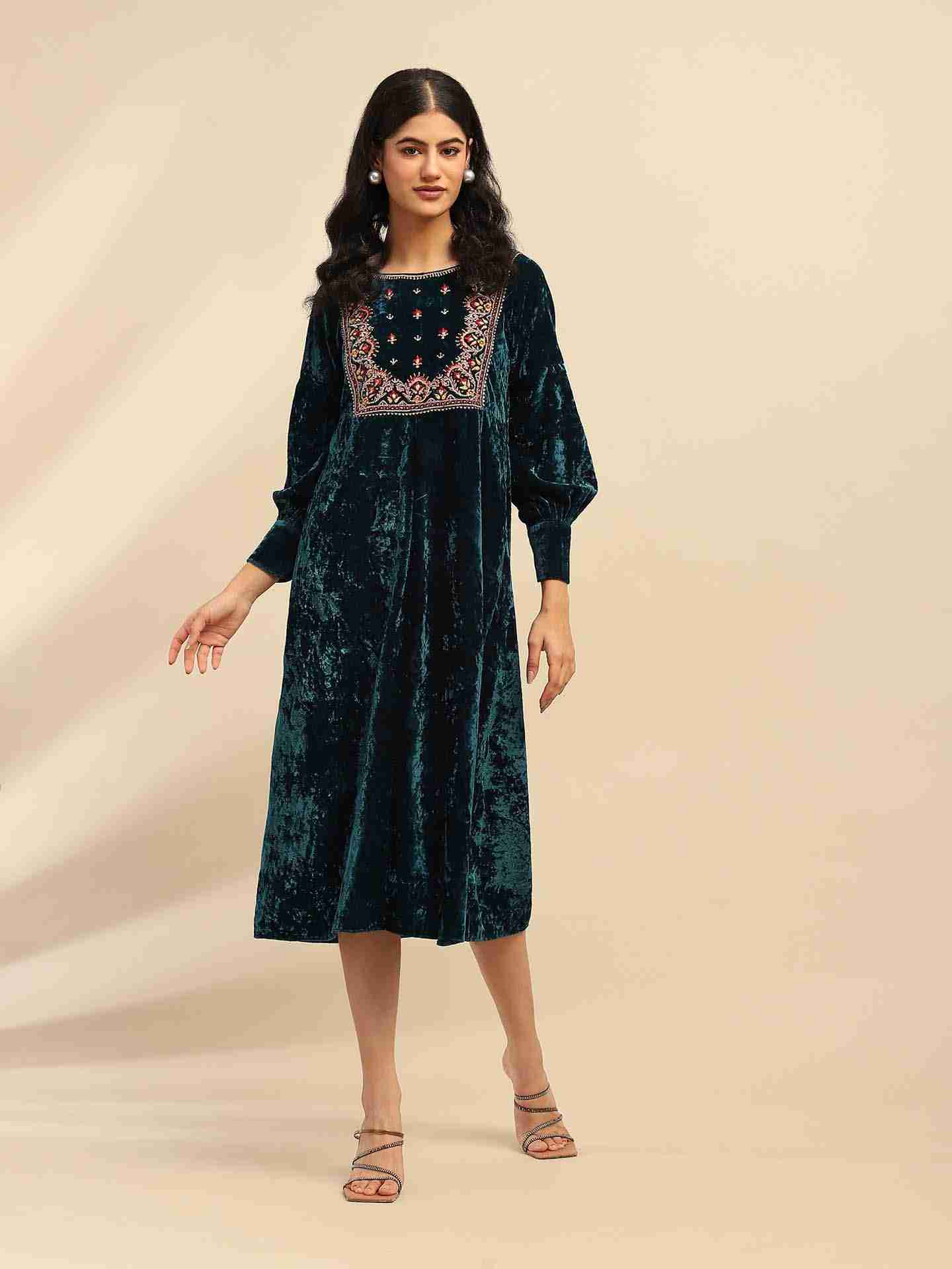 Teal Inara Velvet Midi Dress