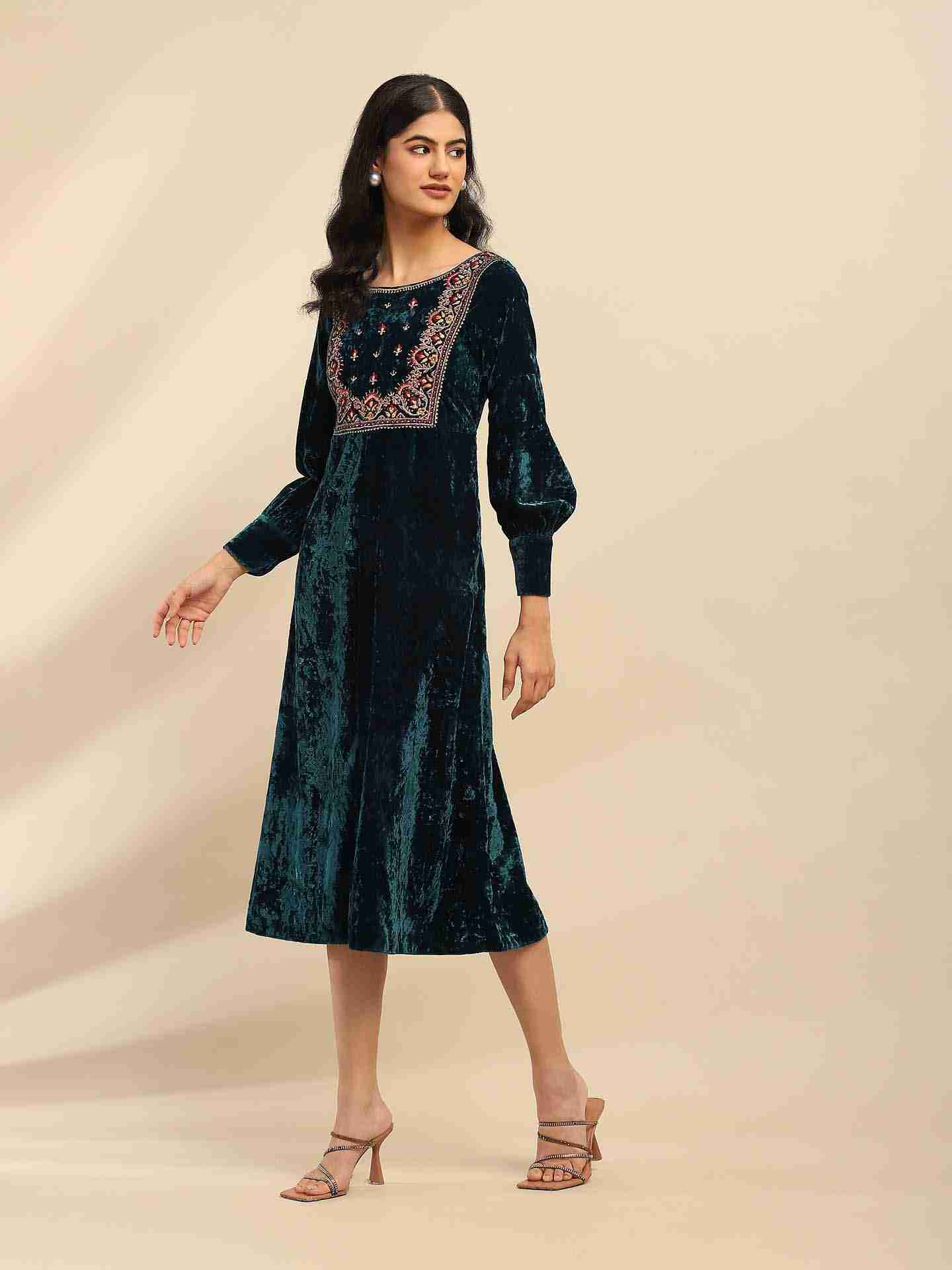 Teal Inara Velvet Midi Dress