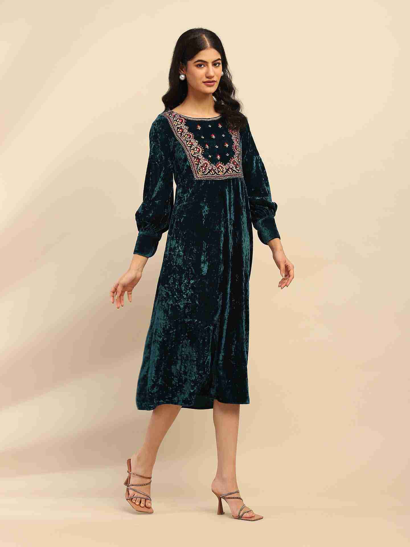 Teal Inara Velvet Midi Dress