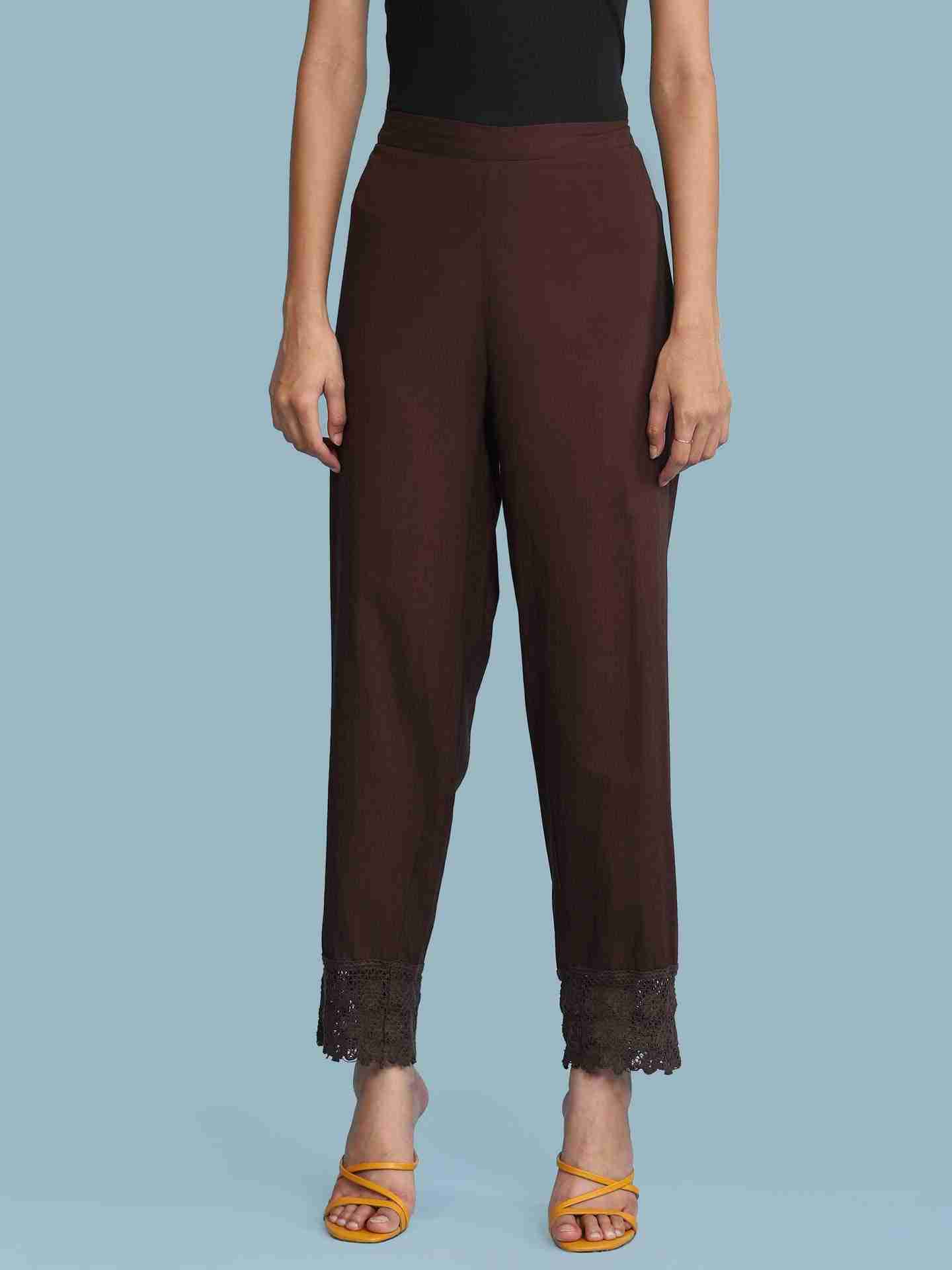 Brown Solid Straight-Leg Pants