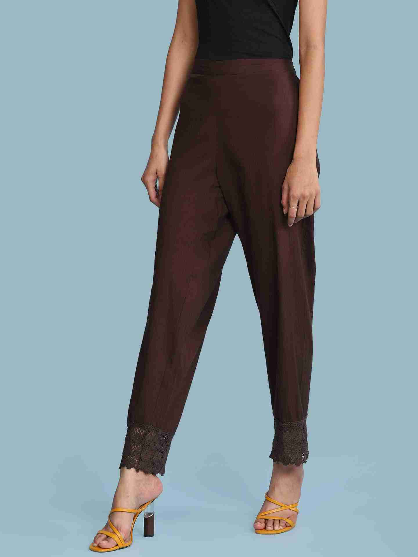 Brown Solid Straight-Leg Pants
