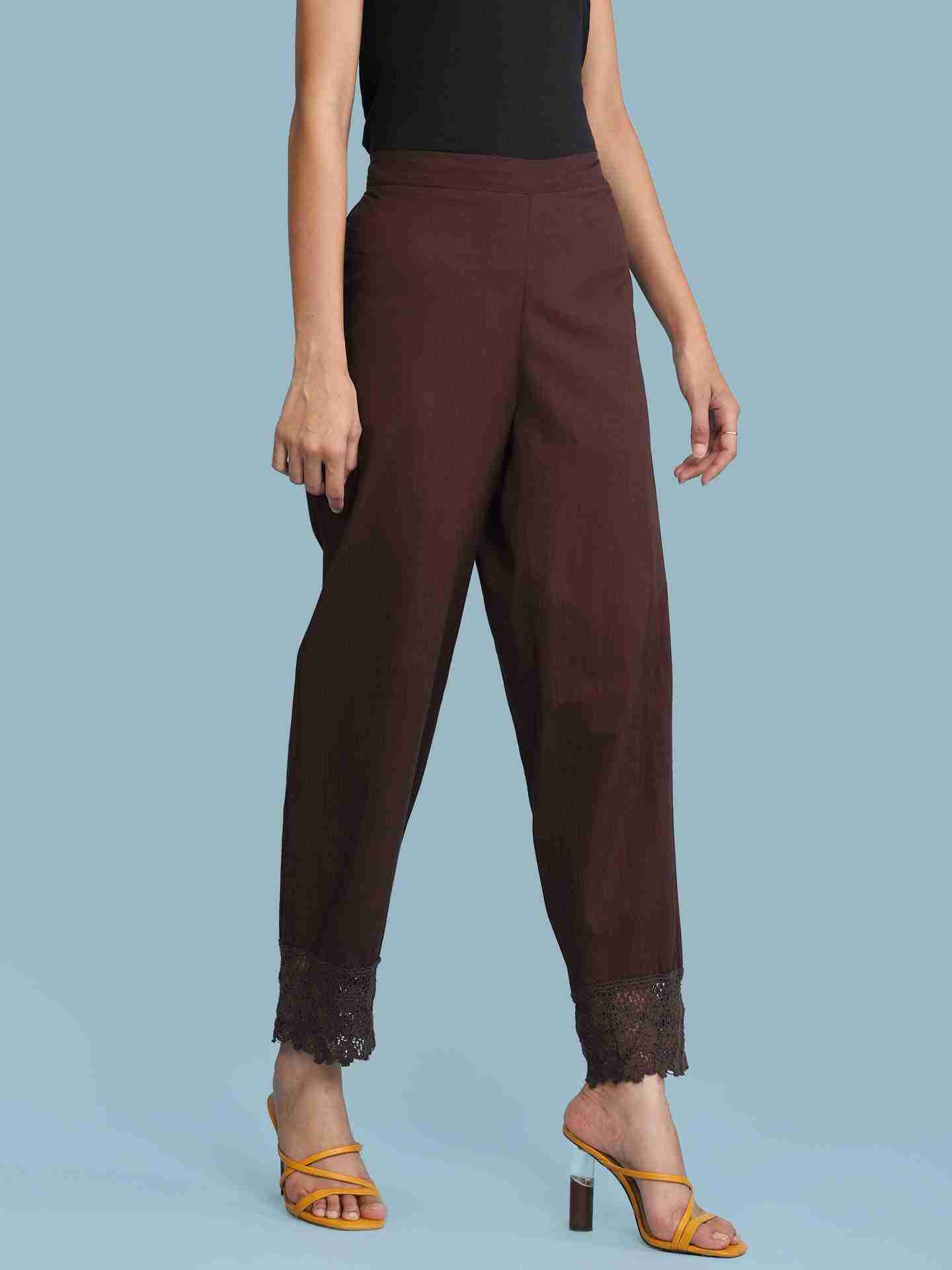 Brown Solid Straight-Leg Pants