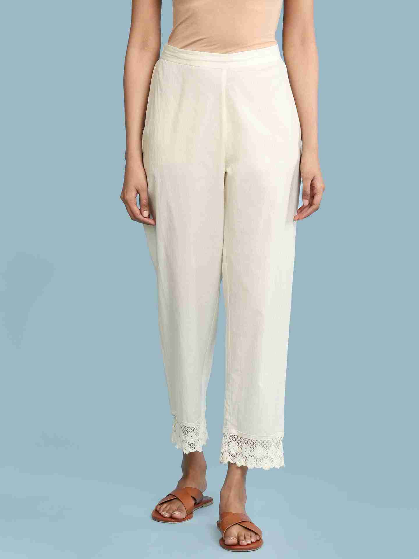 Off White Solid Straight-Leg Pants