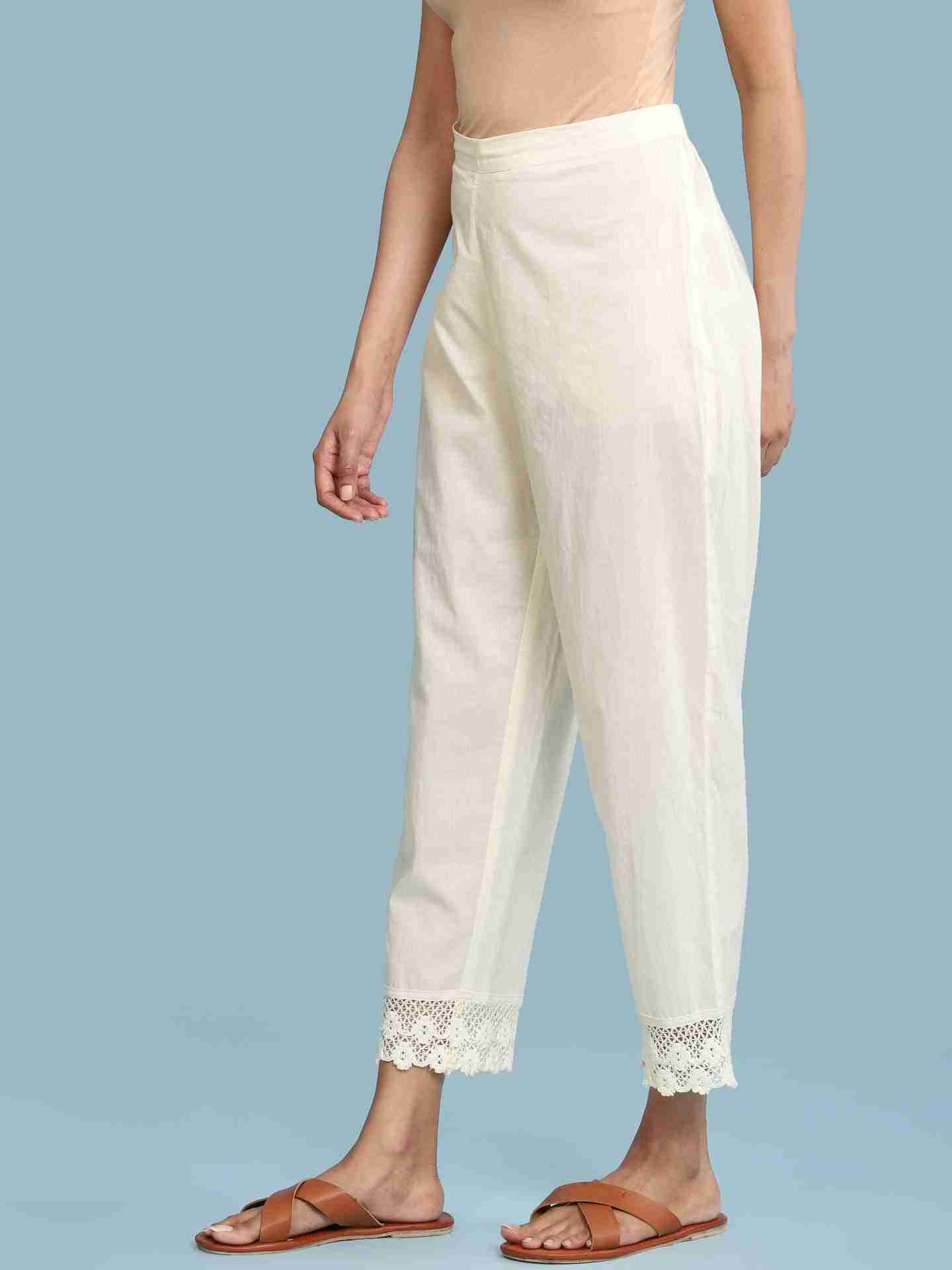 Off White Solid Straight-Leg Pants