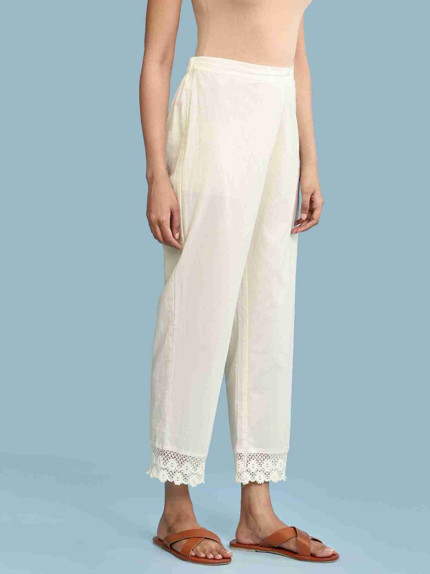 Off White Solid Straight-Leg Pants