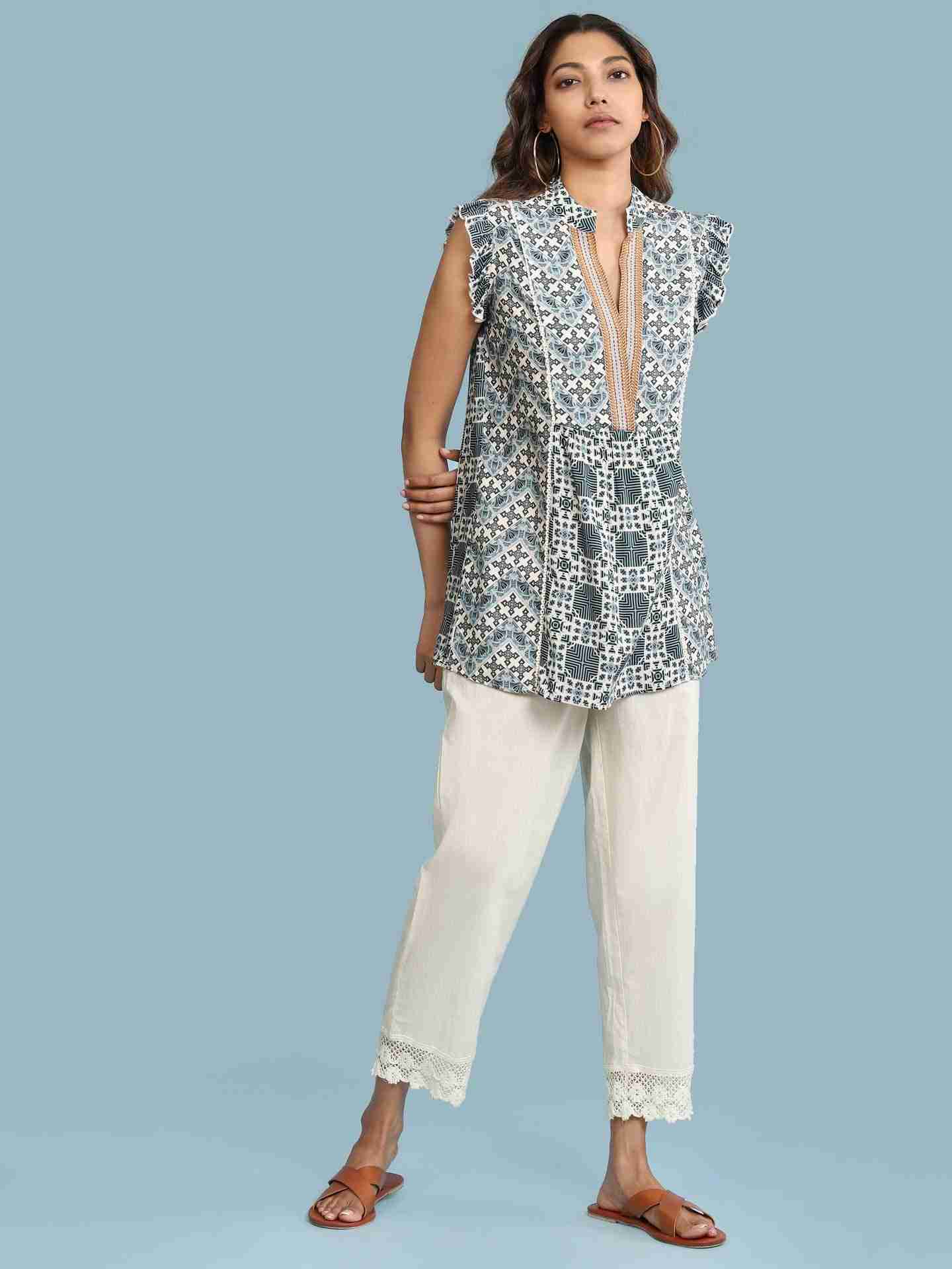 Off White Solid Straight-Leg Pants