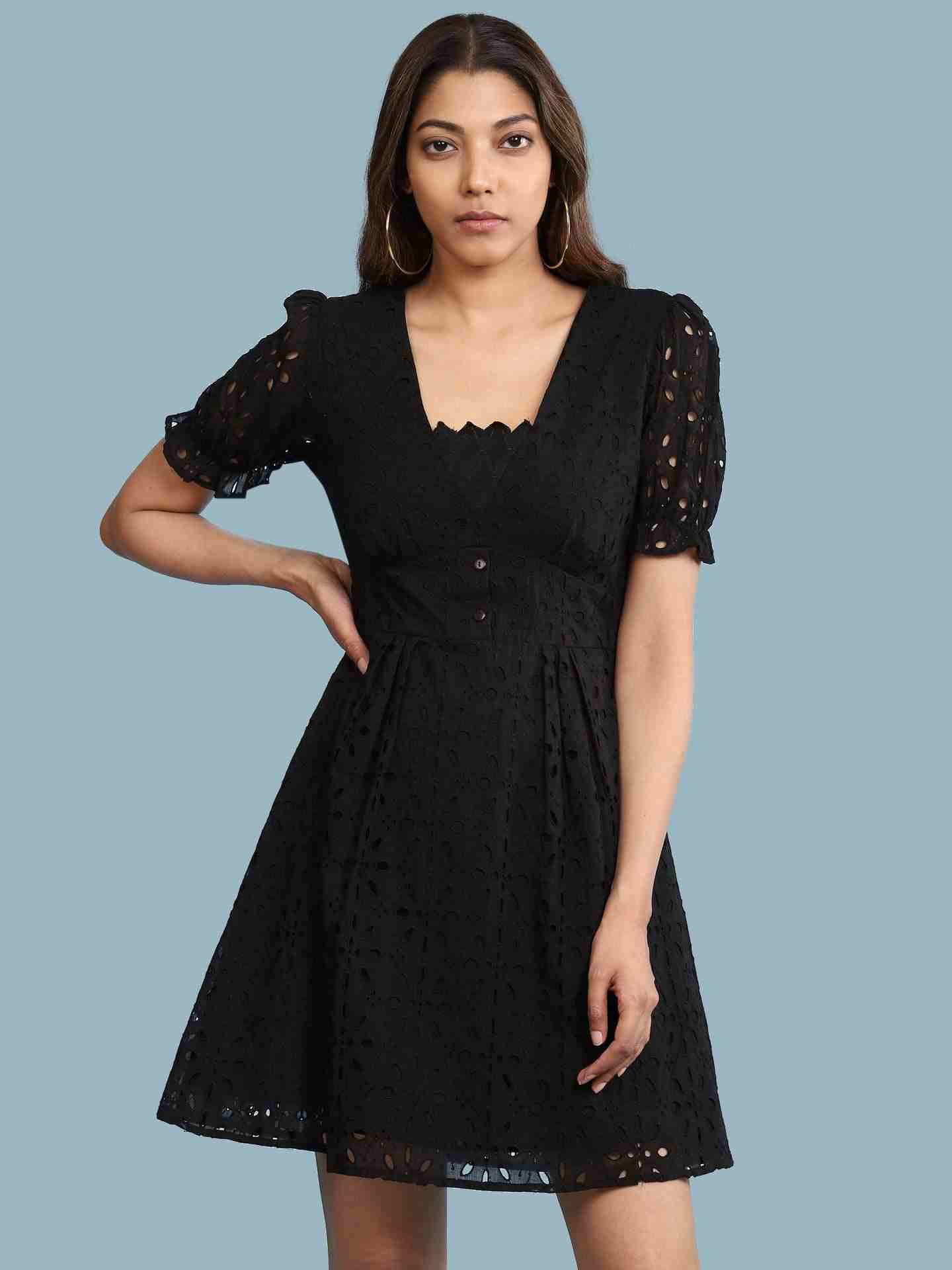 Black Schiffli Skater Dress
