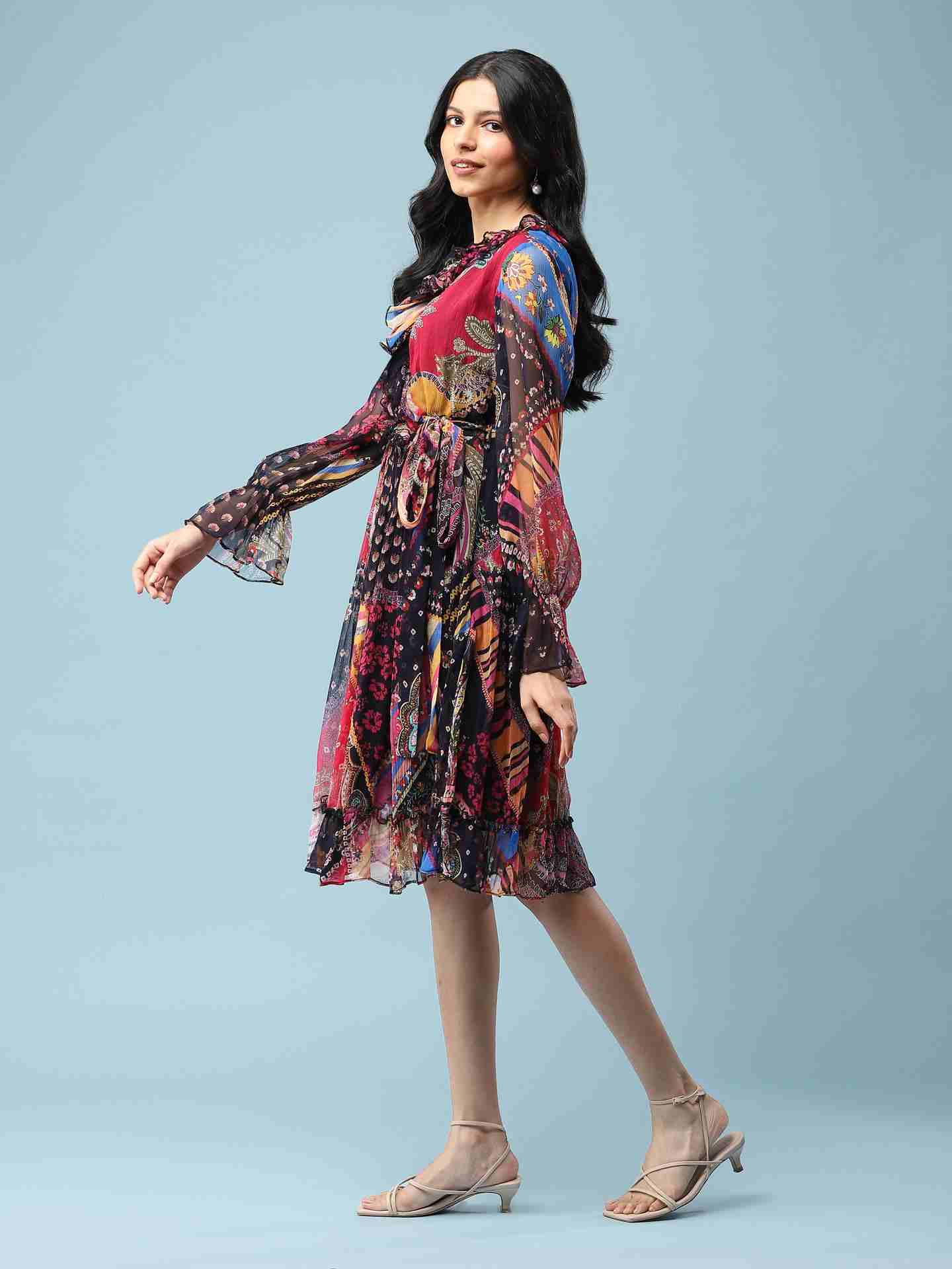 Black Patch Paisley Short Dress