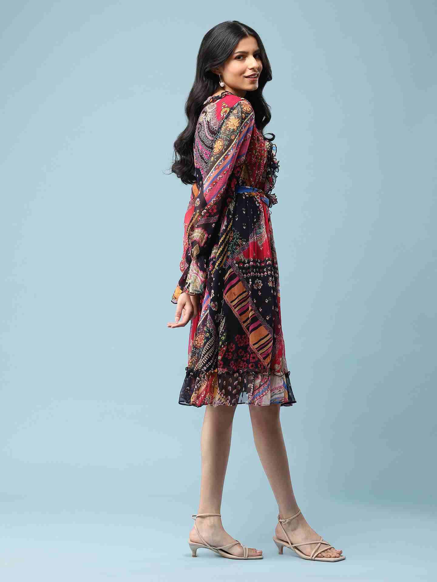 Black Patch Paisley Short Dress