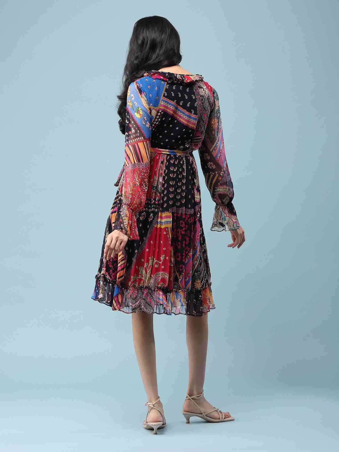 Black Patch Paisley Short Dress