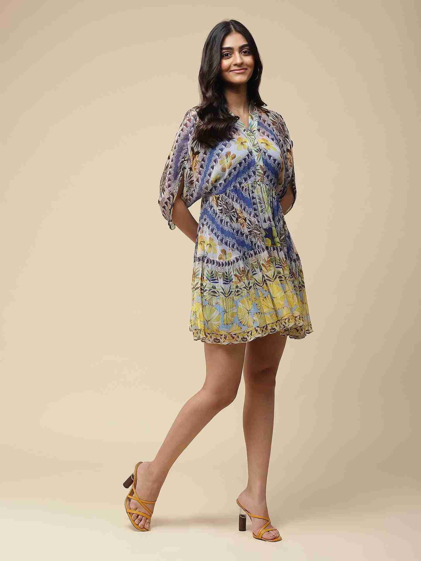 Blue Exotic Floral Skater Dress