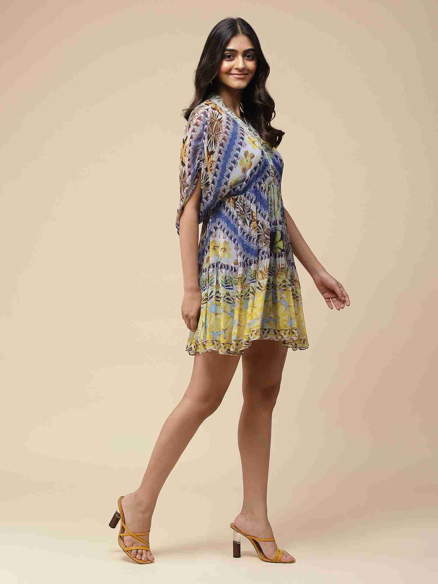 Blue Exotic Floral Skater Dress