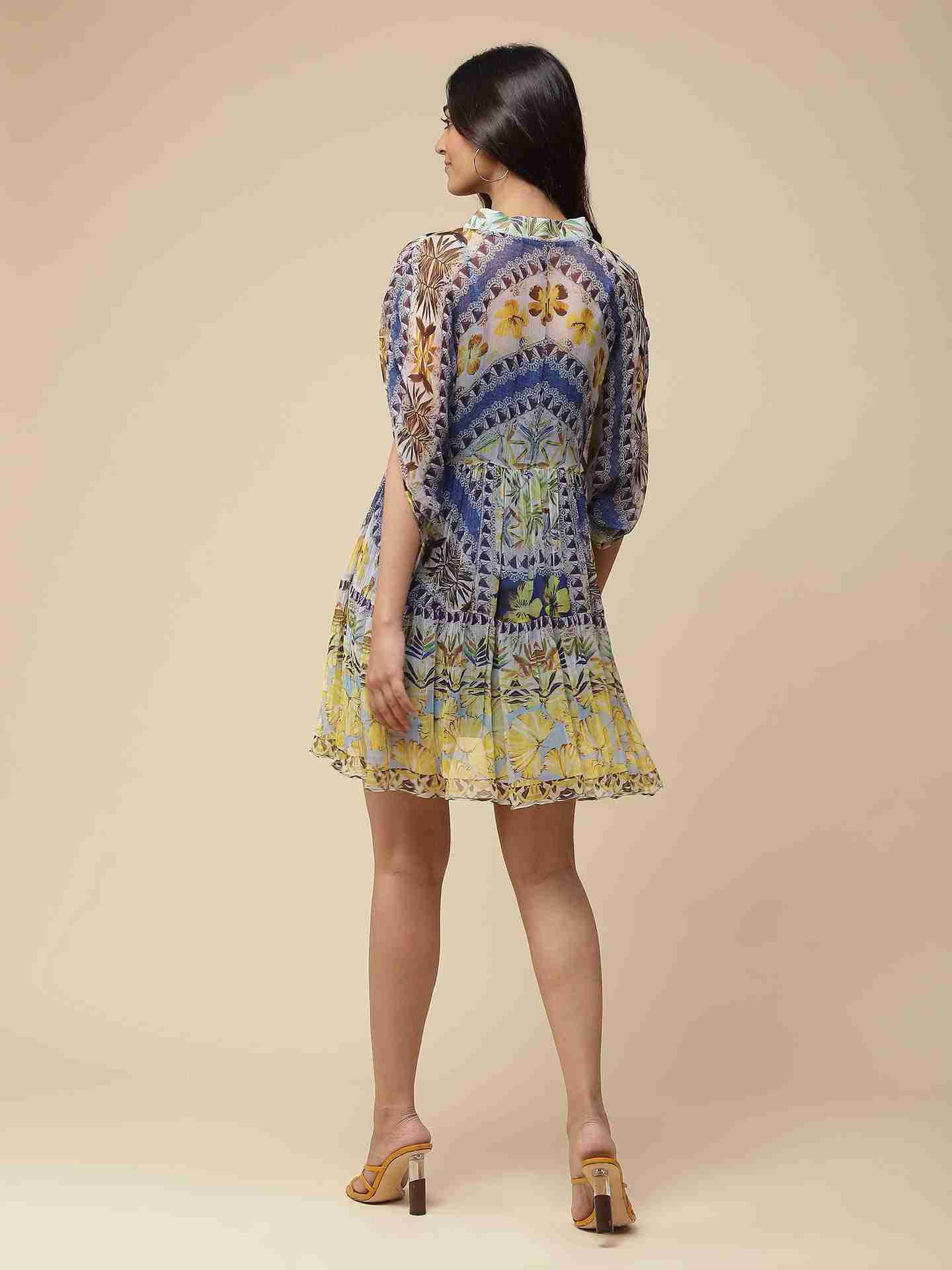 Blue Exotic Floral Skater Dress