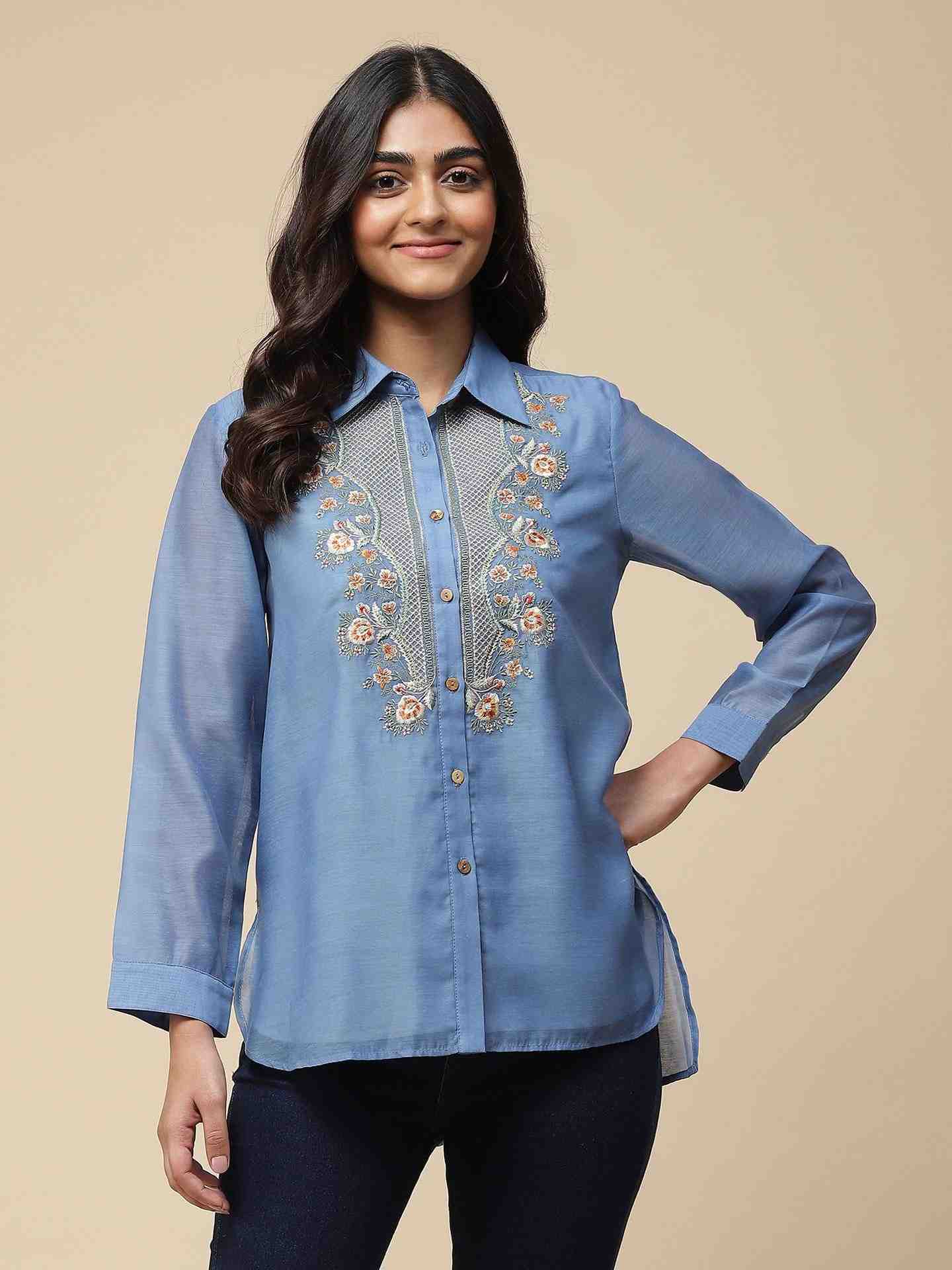 Sea Blue Nalini Solid  Shirt