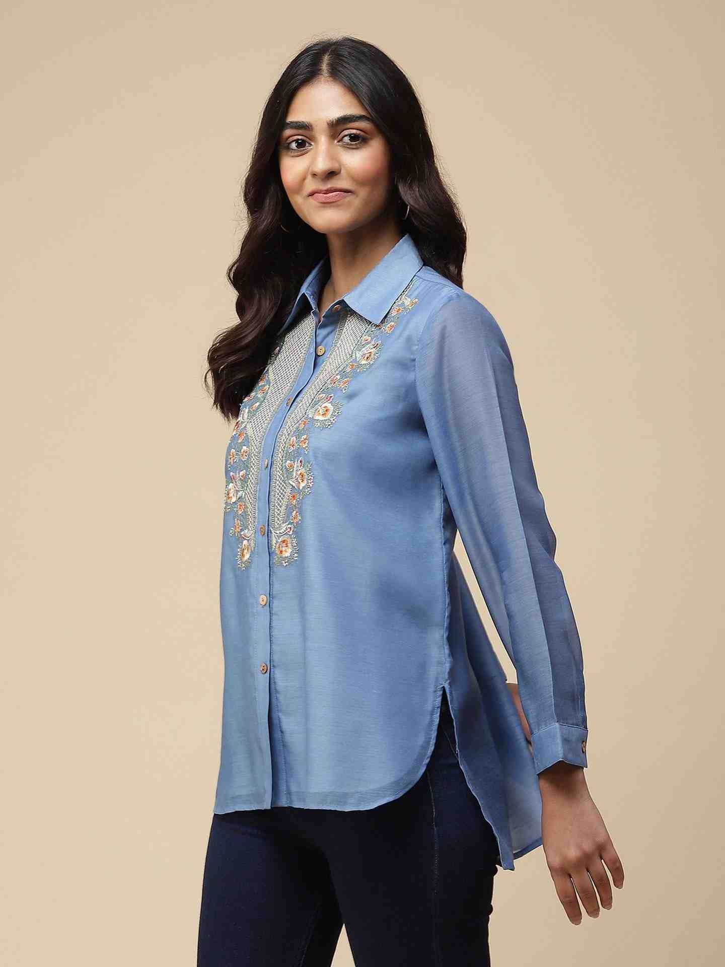 Sea Blue Nalini Solid  Shirt
