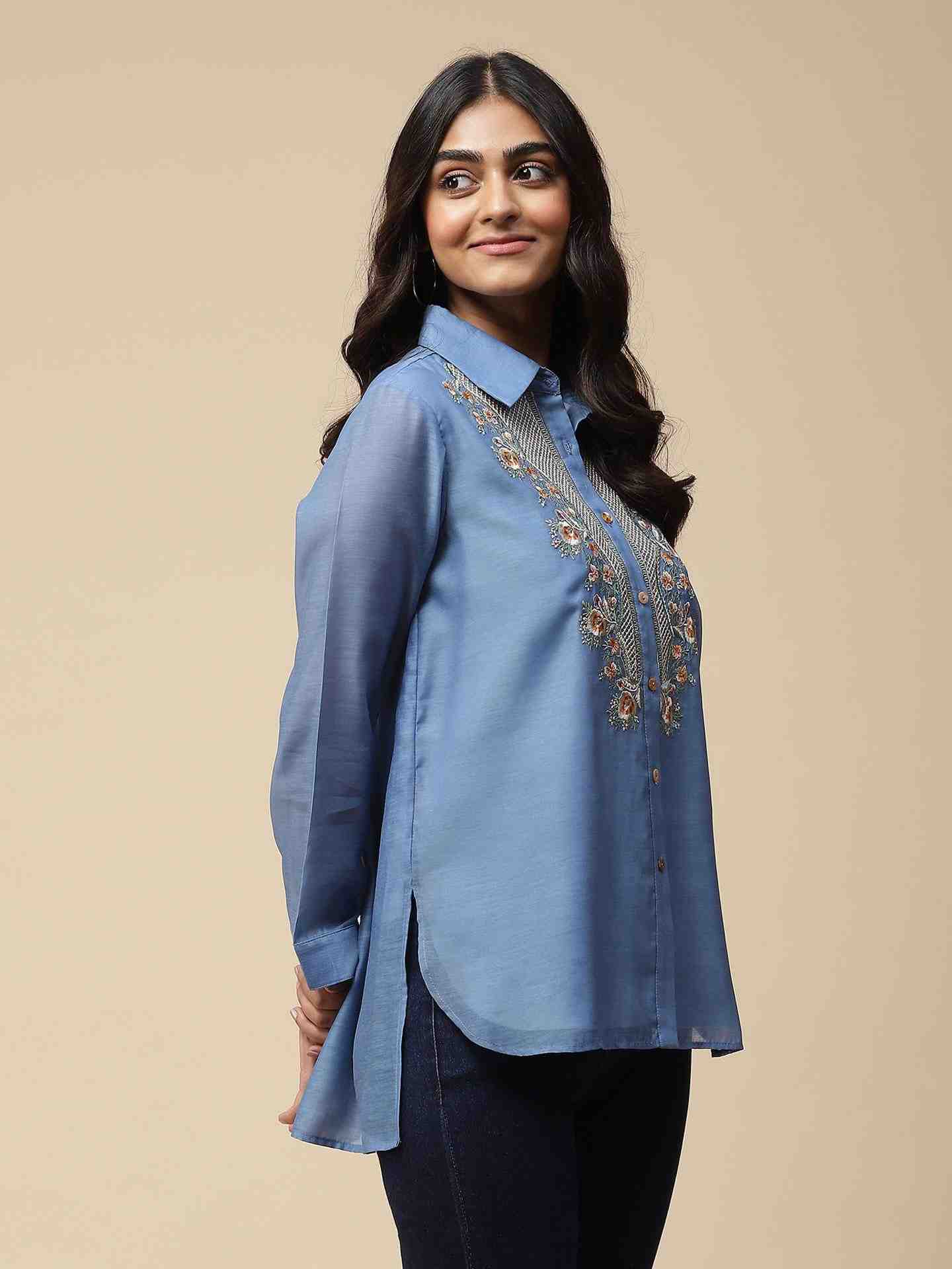 Sea Blue Nalini Solid  Shirt