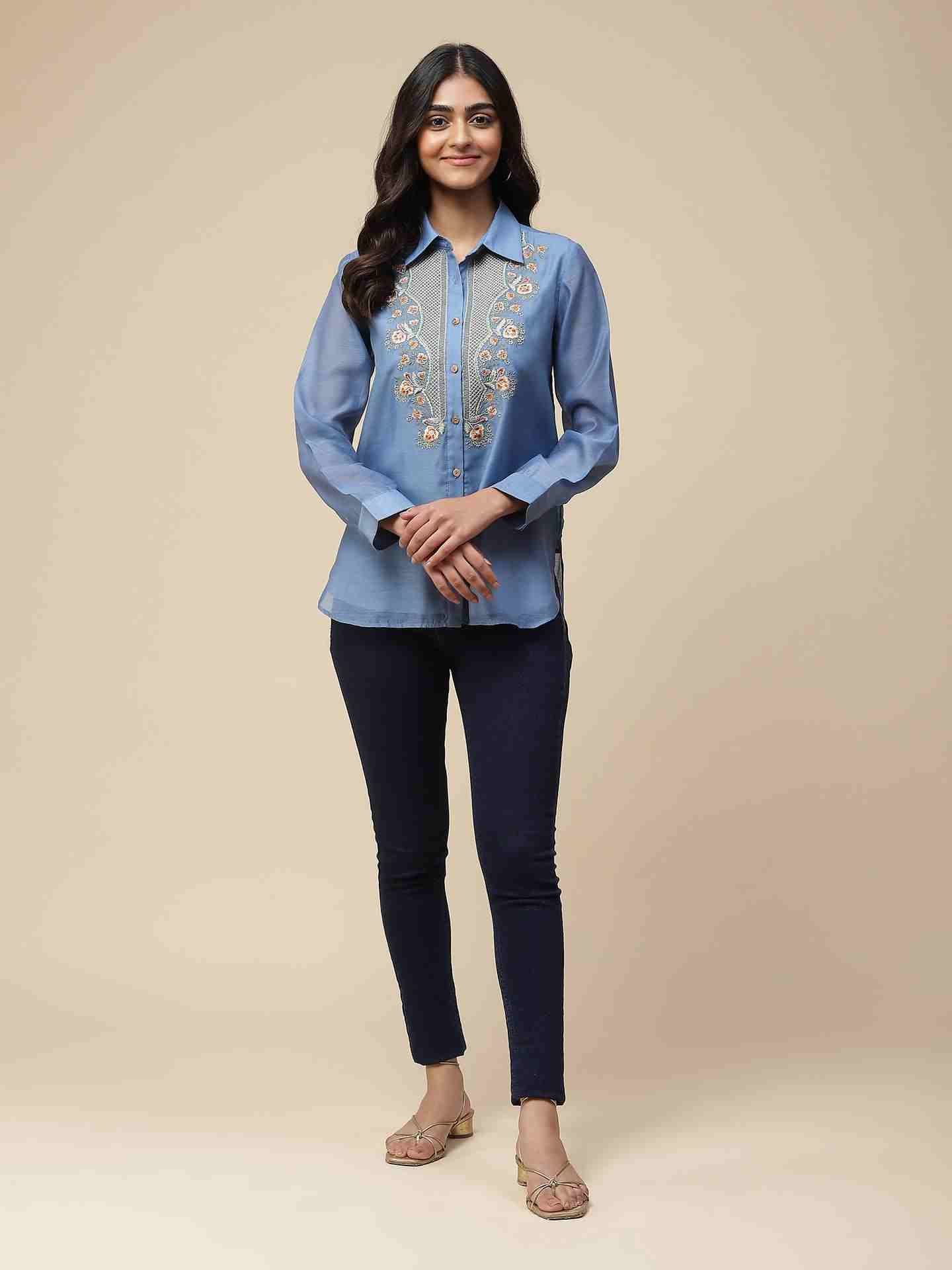 Sea Blue Nalini Solid  Shirt