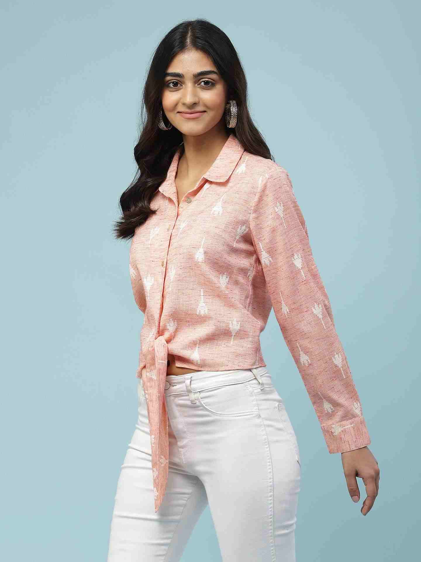 Peach Prarambh Tie-Up Shirt