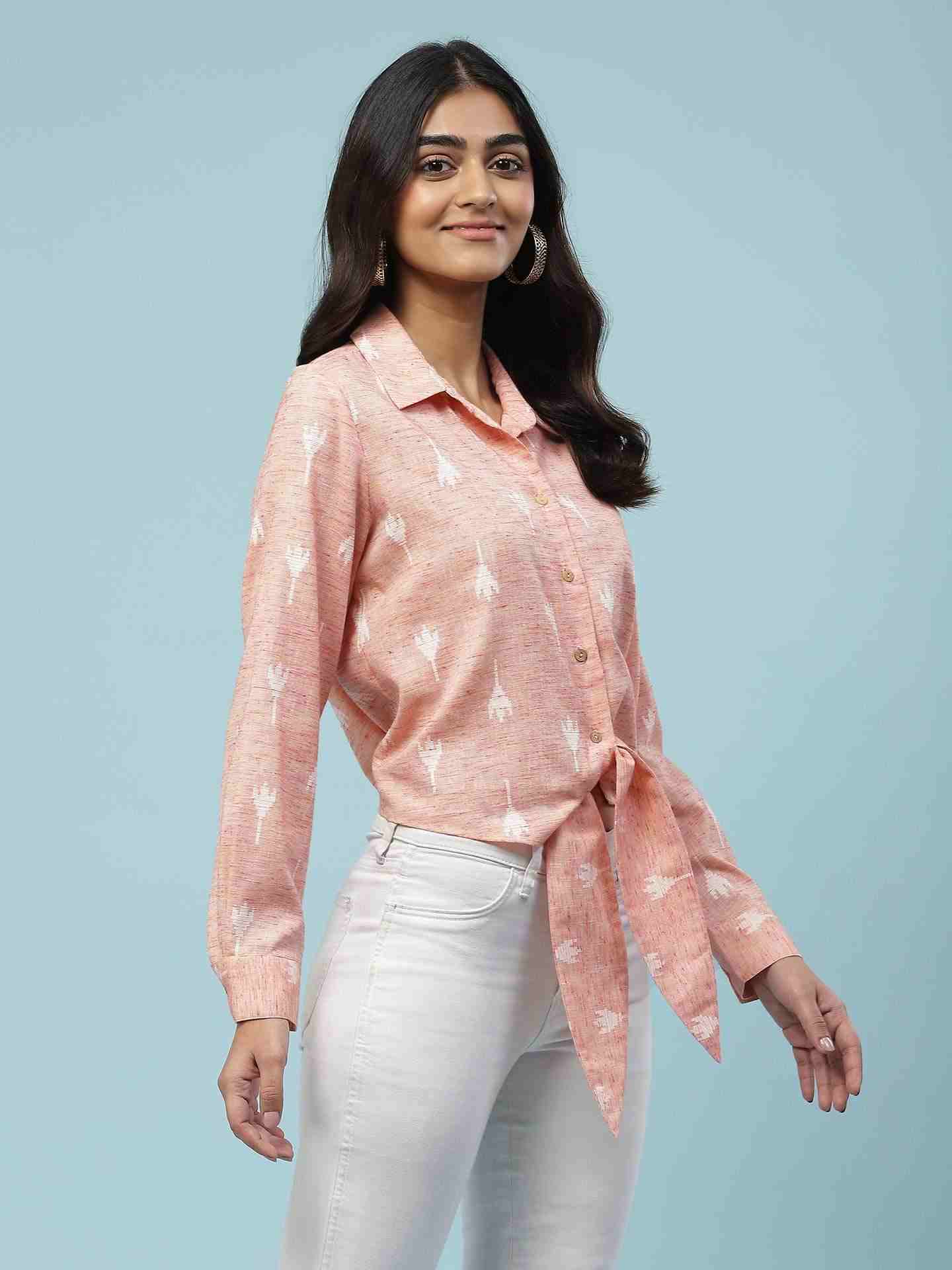 Peach Prarambh Tie-Up Shirt